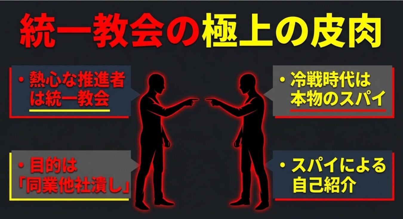 「統一教会の極上の皮肉」という見出しの下、黒い背景に対峙する2人の人影が配置され、左側に「熱心な推進者は統一教会」「目的は『同業他社潰し』」、右側に「冷戦時代は本物のスパイ」「スパイによる自己紹介」という対照的な言説が吹き出しで示されている図。