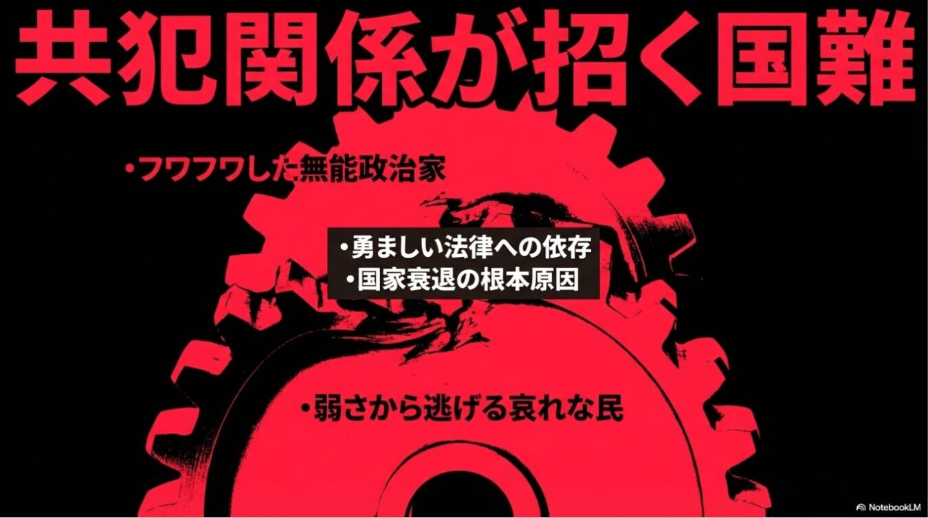黒い背景を背に赤く巨大な歯車が描かれ、「共犯関係が招く国難」という大見出しと、「フワフワした無能政治家」「勇ましい法律への依存」「国家衰退の根本原因」「弱さから逃げる哀れな民」という箇条書きが配置されたテキスト画像。