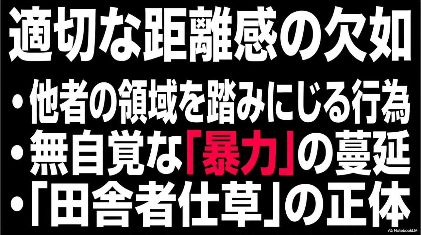 黒い背景に、「適切な距離感の欠如」「他者の領域を踏みにじる行為」「無自覚な『暴力』の蔓延」「『田舎者仕草』の正体」という白い文字が書かれた画像。