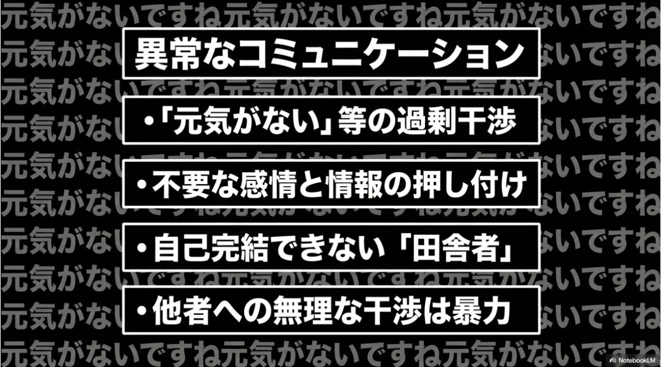 黒い背景に「元気がないですね」の文字列が繰り返し敷き詰められ、その中央に「異常なコミュニケーション」をタイトルとして、過剰干渉、感情の押し付け、田舎者、暴力といった関係性を批判する4つの箇条書きが白い枠内に示されています。