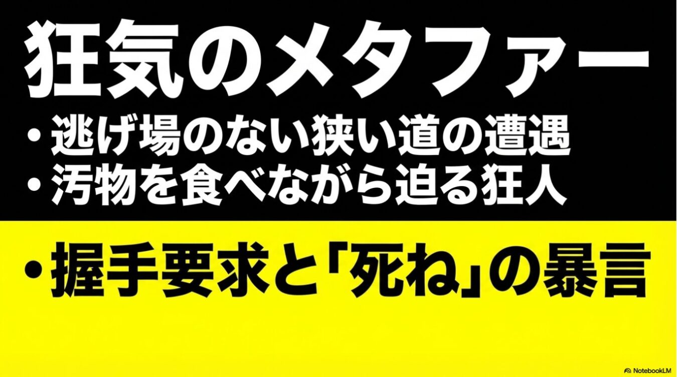 黒と黄色の背景に、「狂気のメタファー」という見出しと、「逃げ場のない狭い道の遭遇」「汚物を食べながら迫る狂人」「握手要求と『死ね』の暴言」という箇条書きが書かれたスライド。