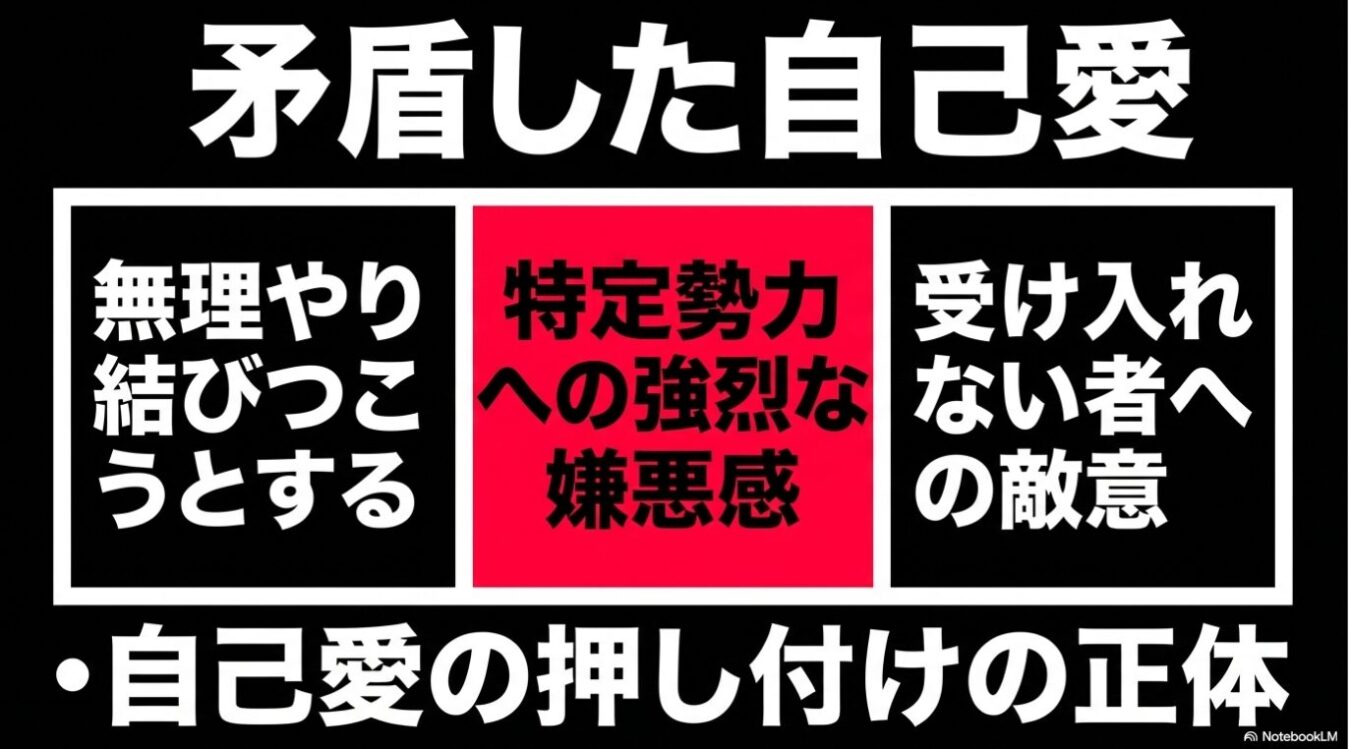 「矛盾した自己愛」という見出しの下に、「無理やり結びつこうとする」「特定勢力への強烈な嫌悪感」「受け入れない者への敵意」という3つの項目が並び、その下に「・自己愛の押し付けの正体」という一文が記されたスライド風の画像。
