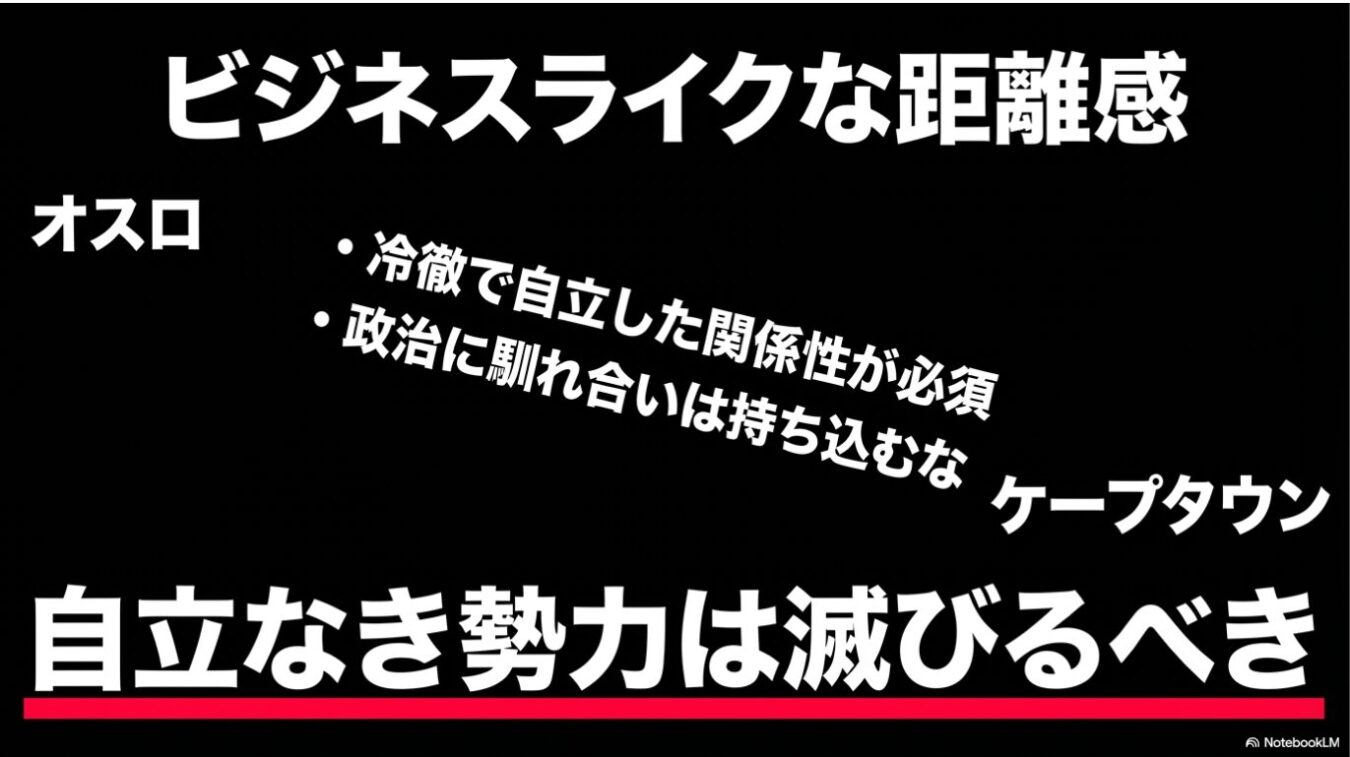 「ビジネスライクな距離感」という見出しの下に、「オスロ」と「ケープタウン」を両端に配し、「冷徹で自立した関係性が必須」「政治に馴れ合いは持ち込むな」という箇条書きと、「自立なき勢力は滅びるべき」という強いメッセージが書かれた黒地のスライド。
