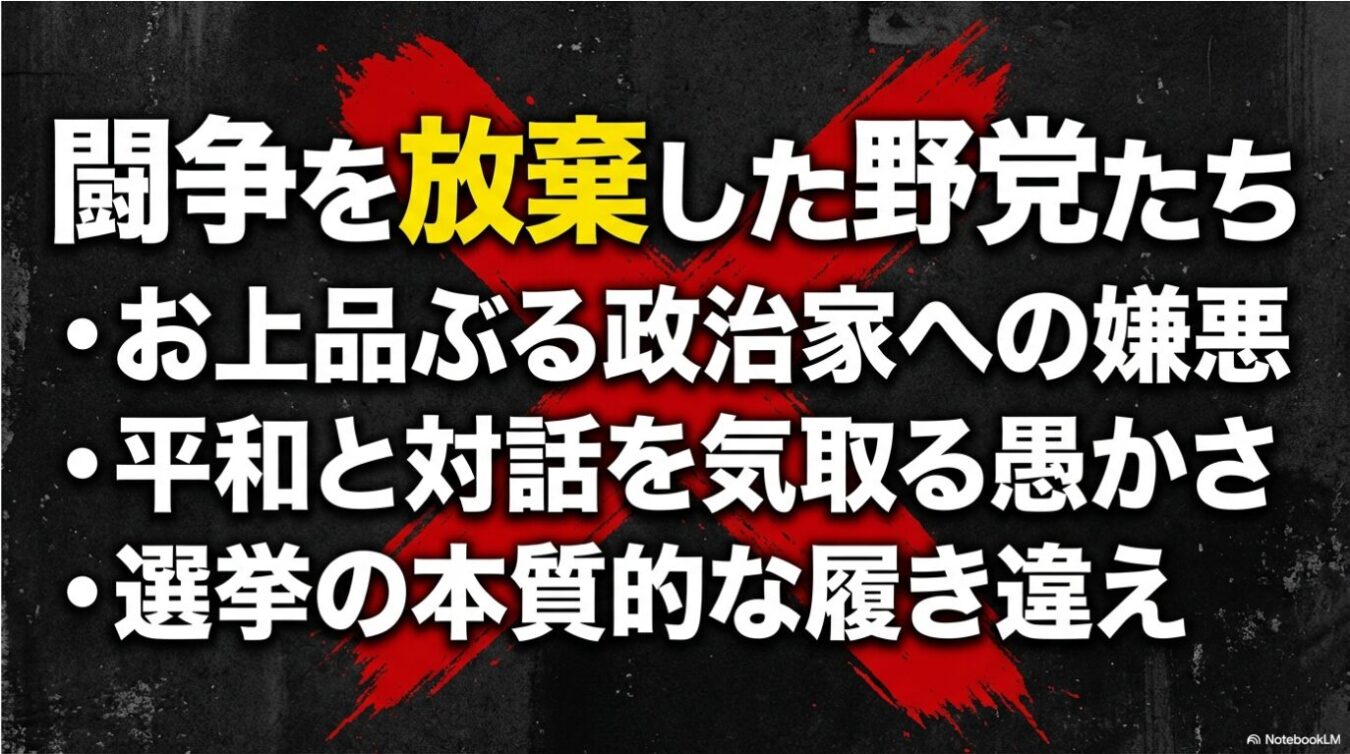 黒い背景に大きな赤い×印が描かれ、「闘争を放棄した野党たち」という見出しと、「お上品ぶる政治家への嫌悪」「平和と対話を気取る愚かさ」「選挙の本質的な履き違え」という3つの項目が白と黄色の文字で書かれた画像。