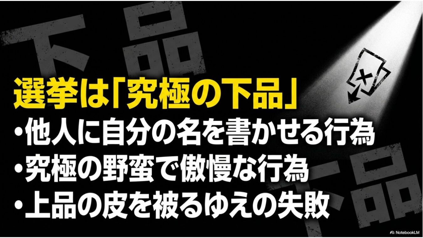 黒い背景に、中央の太い黄色い文字で「選挙は『究極の下品』」と書かれ、その下に「他人に自分の名を書かせる行為」「究極の野蛮で傲慢な行為」「上品の皮を被るゆえの失敗」という箇条書きが配置され、右上に「下品」と書かれた投票用紙のアイコンがスポットライトで照らされている画像。