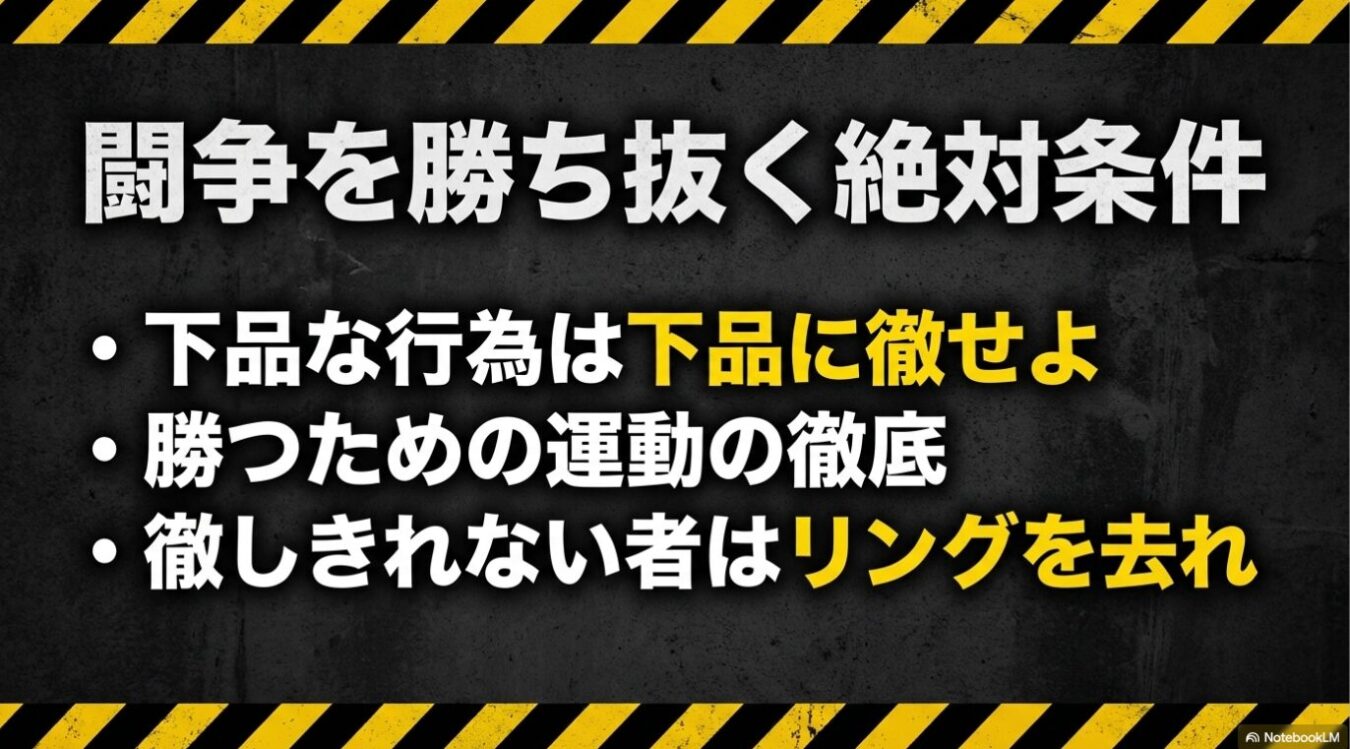 「闘争を勝ち抜く絶対条件」として、「下品な行為は下品に徹せよ」「勝つための運動の徹底」「徹しきれない者はリングを去れ」という3つの文が箇条書きで記された、工事現場のような黄色と黒の警戒色帯が上下にある黒背景の画像。