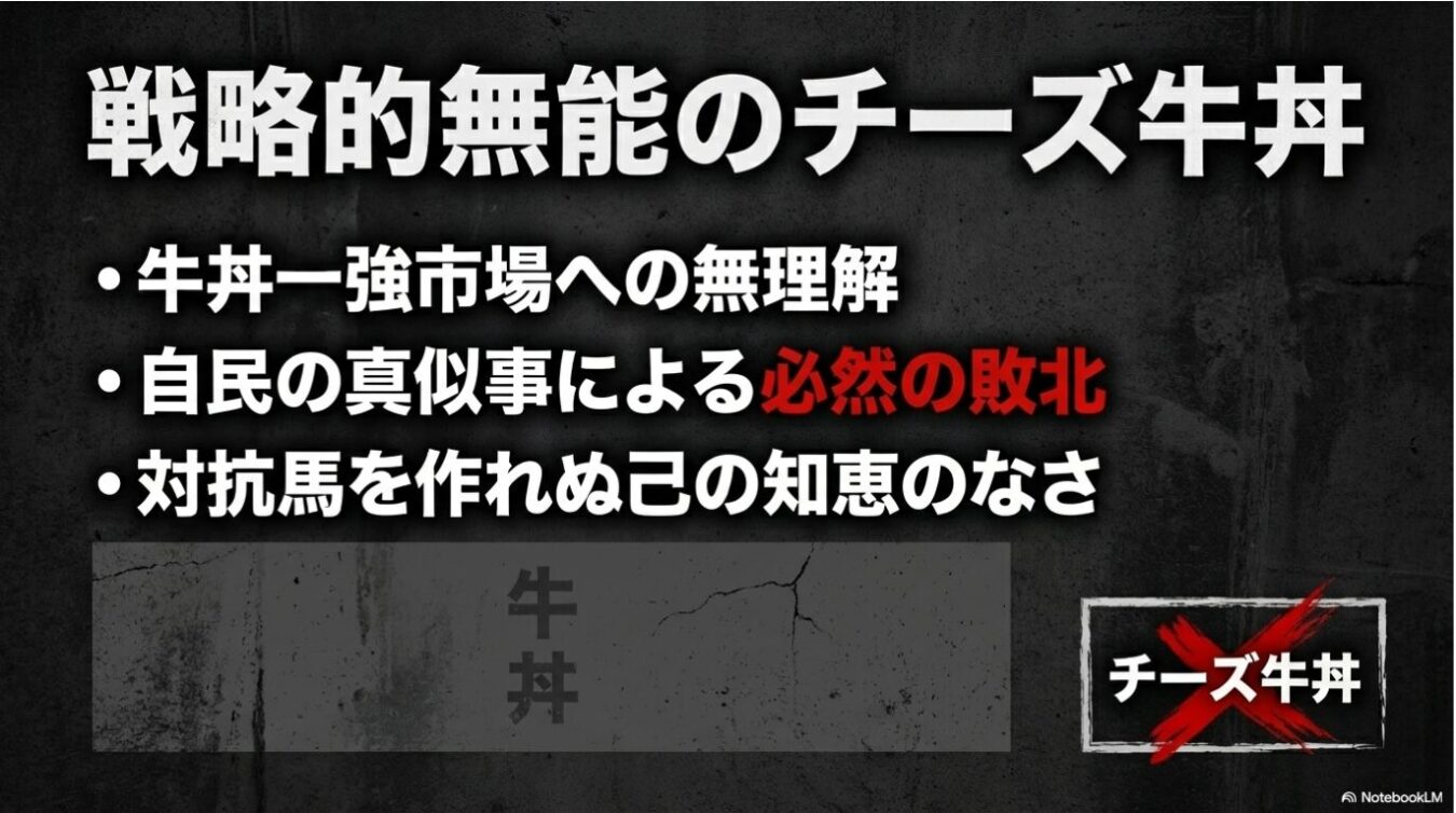 「戦略的無能のチーズ牛丼」という見出しの下に、牛丼一強市場への理解不足、自民の真似事による敗北、対抗馬を作れない知恵のなさを指摘し、牛丼の文字を消して「チーズ牛丼」に赤い×印を重ねた画像。