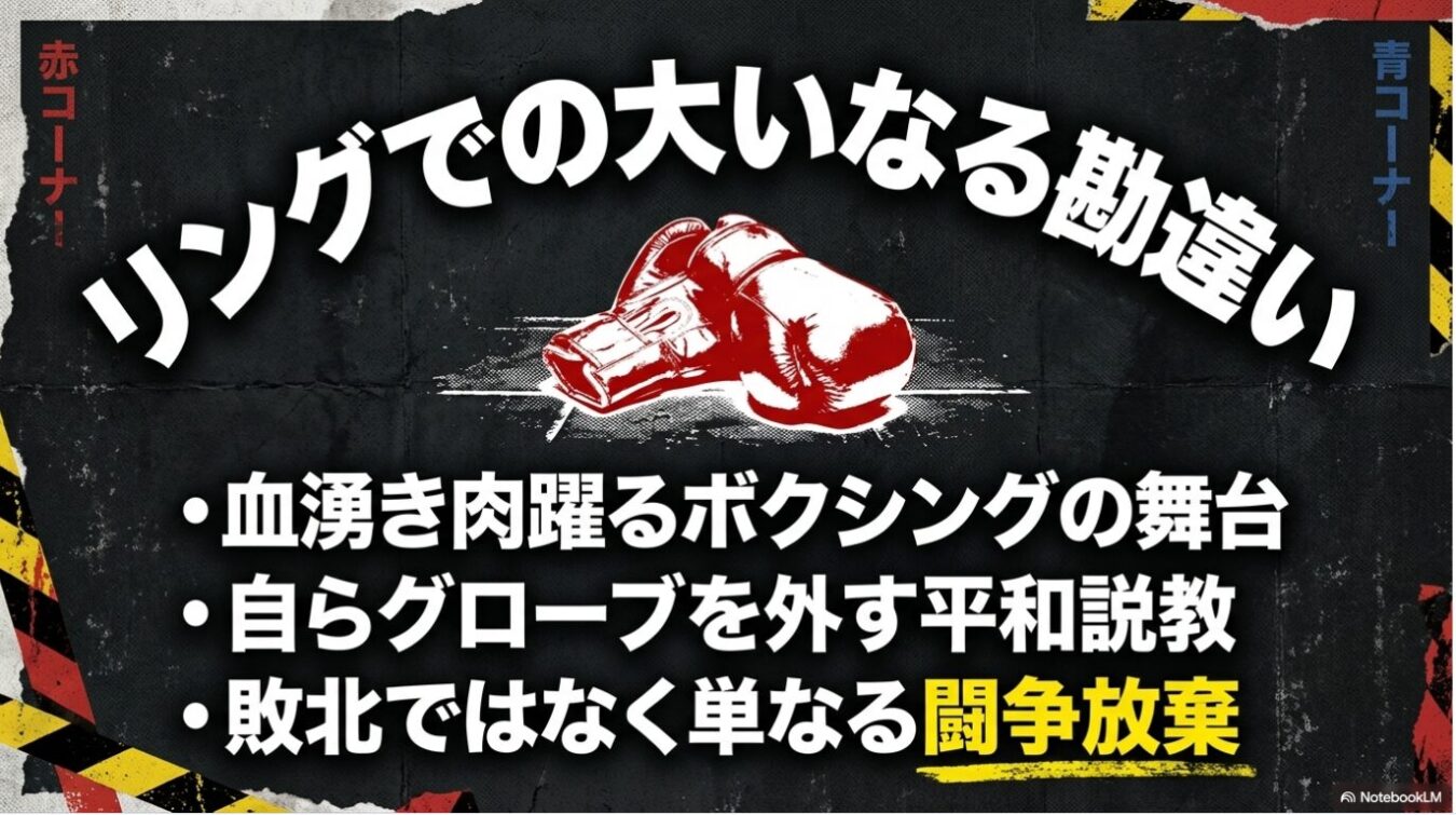 赤と青のコーナーを示す警告テープを背景に、中央に配されたボクシンググローブのイラストと、「リングでの大いなる勘違い」というメインタイトル、および3項目の箇条書きが書かれたポスター風の画像。
