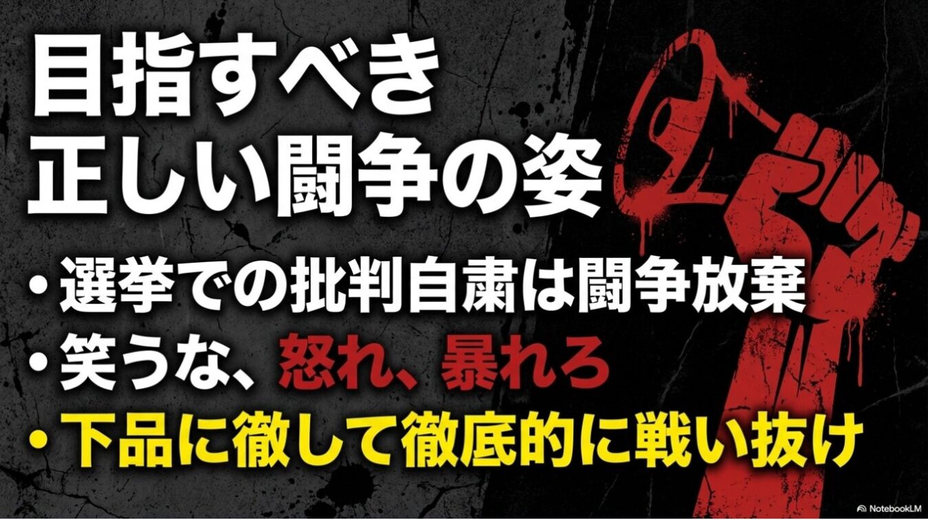 「目指すべき正しい闘争の姿」という大きな白文字のタイトルの下に、選挙での批判自粛は闘争放棄、笑うな怒れ暴れろ、下品に徹して徹底的に戦い抜けと書かれ、右側に赤いメガホンを掲げた拳のイラストが描かれたポスター。