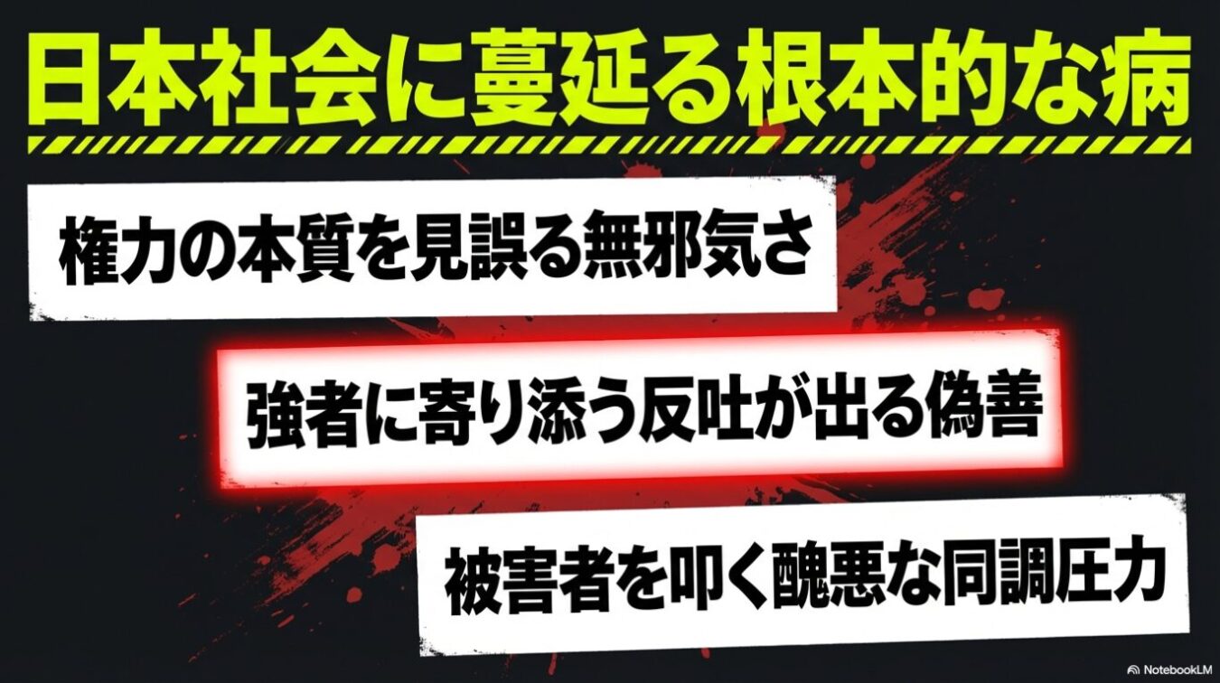 日本社会の病弊として「権力の本質を見誤る無邪気さ」「強者に寄り添う反吐が出る偽善」「被害者を叩く醜悪な同調圧力」という3つの批判的な言説が、警告色を背景に列挙されたテキスト画像。