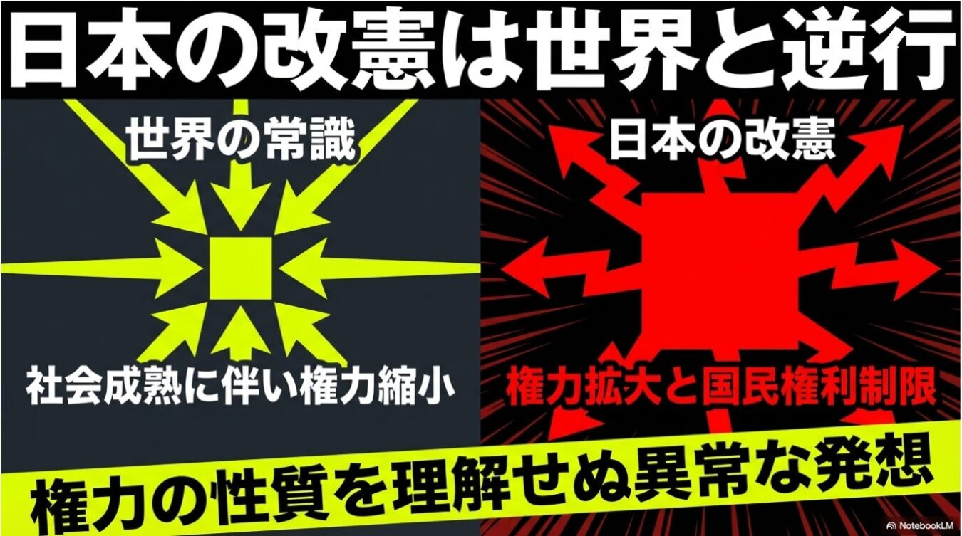 「世界の常識」として社会の成熟に伴う権力縮小を示す図と、「日本の改憲」として権力拡大と国民権利制限を示す図を対比させ、改憲の方向性が世界と逆行していると主張する比較画像。