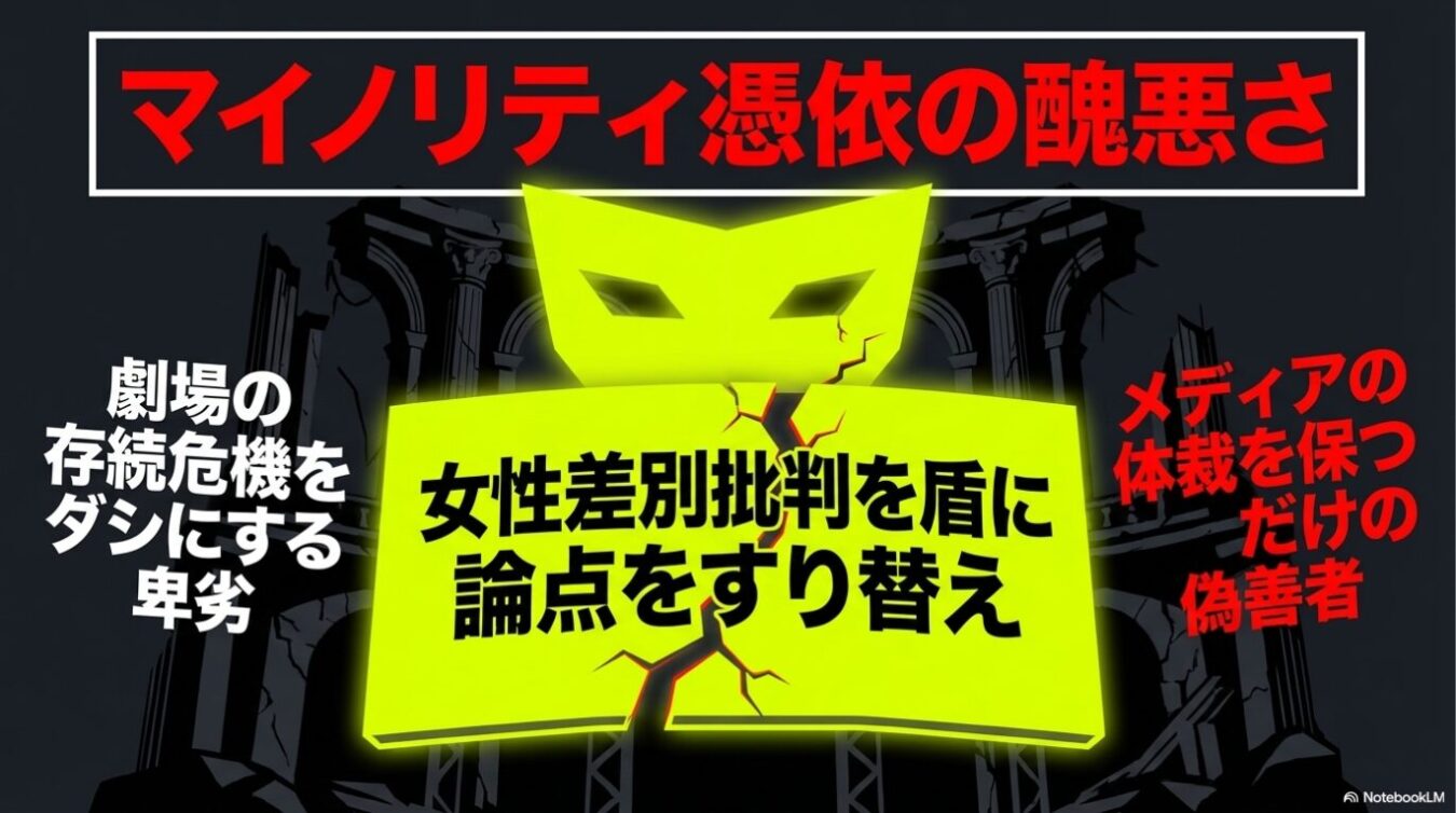 黒い背景に、中央のひび割れた明るい黄色の盾のアイコンを囲んで、「マイノリティ憑依の醜悪さ」という見出しとともに、劇場の存続危機を利用して女性差別批判へ論点をすり替えるメディアの偽善を糾弾するテキストが配置されたグラフィック。