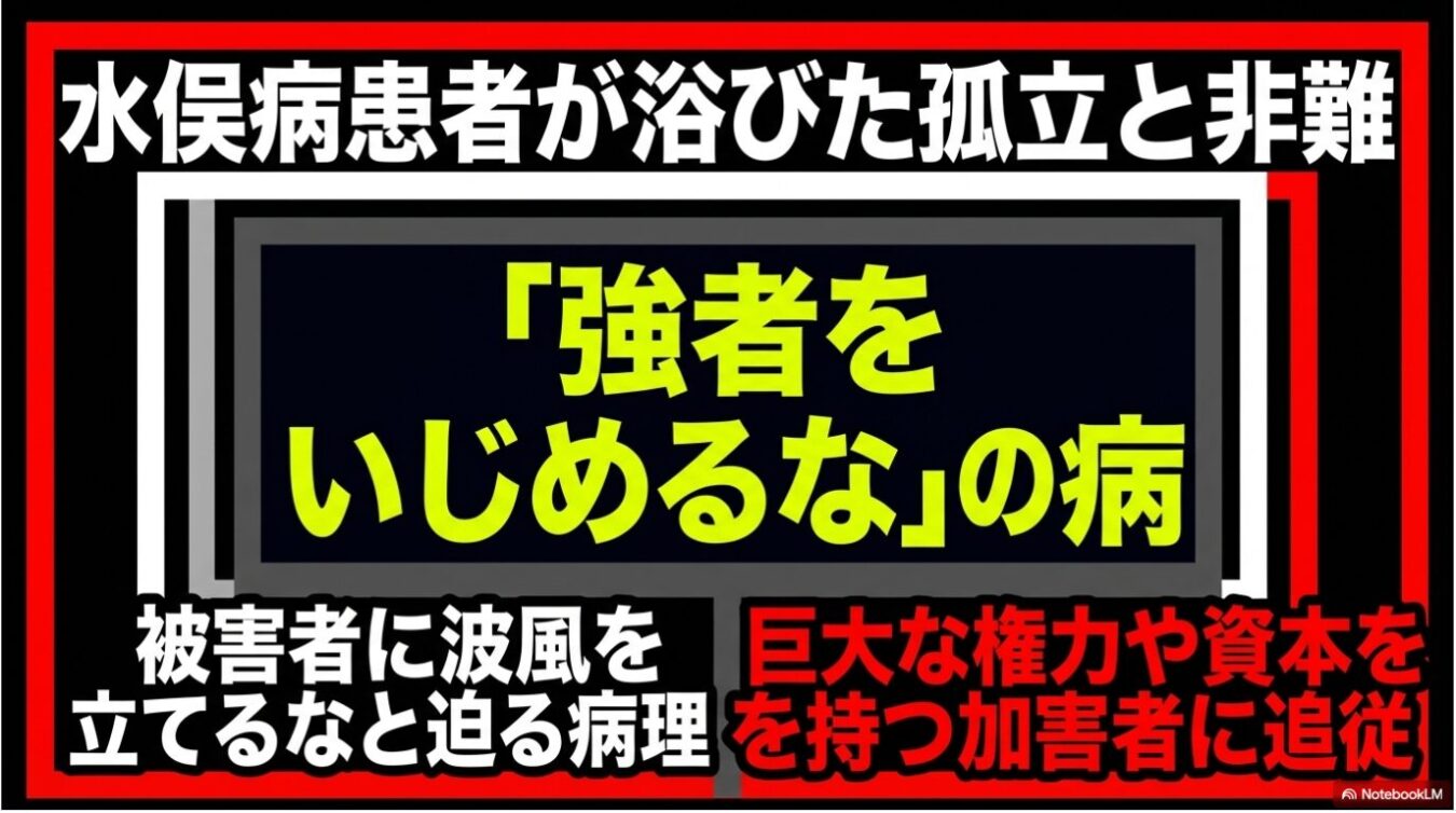 「水俣病患者が浴びた孤立と非難」という見出しの下に、「『強者』をいじめるな」の病という黄色い文字を中央に配置し、その周囲に「被害者に波風を立てるなと迫る病理」「巨大な権力や資本を持つ加害者への追従」という説明が書かれた警告板のような画像。