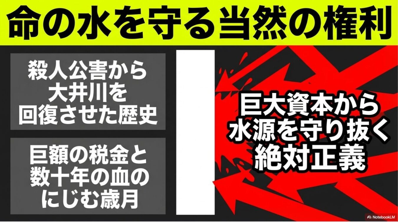 「命の水を守る当然の権利」という大見出しの下、大井川の公害克服の歴史と巨額の税金・年月を費やした事実、および巨大資本から水源を守る正当性を訴えるメッセージが記されたスライド。