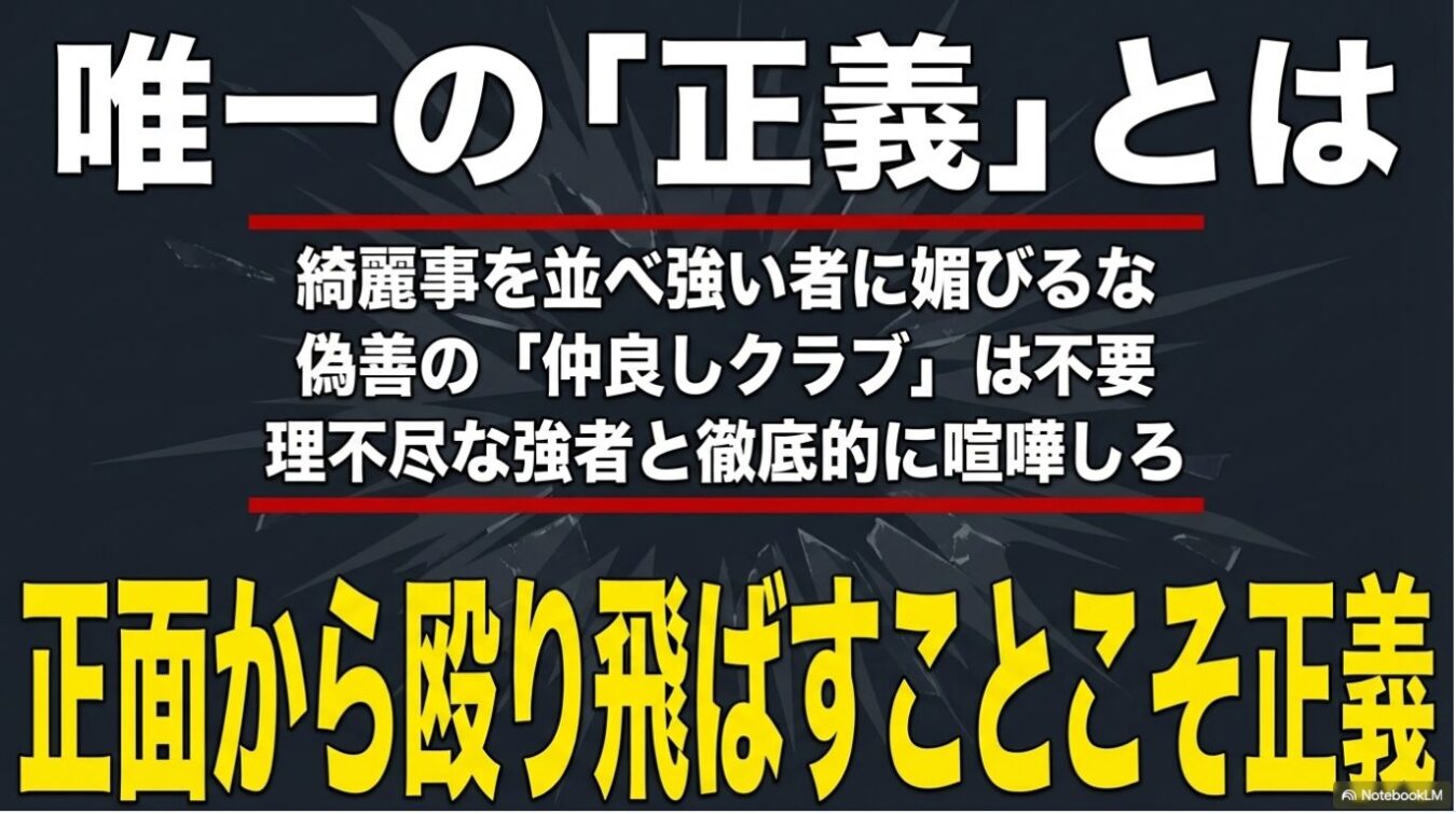 「唯一の『正義』とは」という見出しの下に、強者に屈せず理不尽と戦う姿勢を説く力強いメッセージと、最後に「正面から殴り飛ばすことこそ正義」と強調された文字が黒い背景に記載されています。