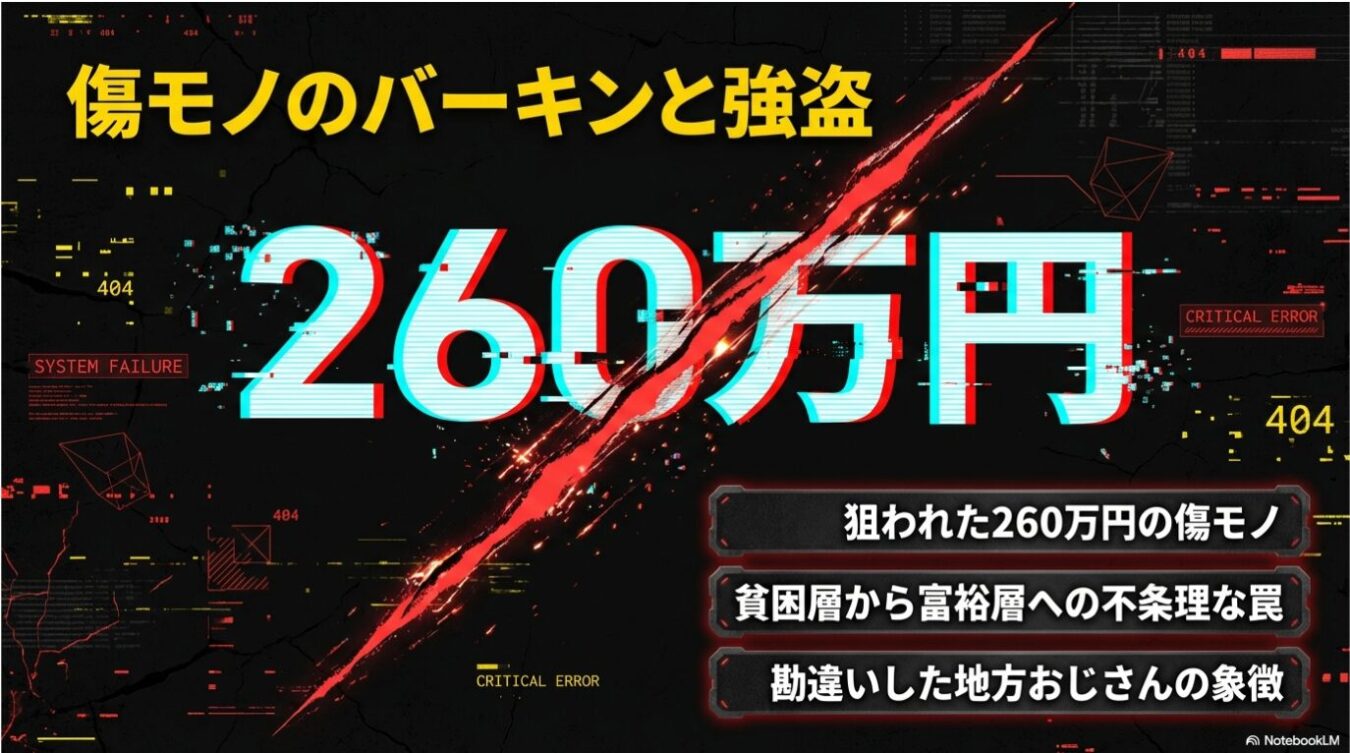 「傷モノのバーキンと強盗」というタイトルと「260万円」という金額、および「狙われた260万円の傷モノ」「貧困層から富裕層への不条理な罠」「勘違いした地方おじさんの象徴」という3つの項目が、システムエラーの警告画面風のデザインで記されたテキスト画像。