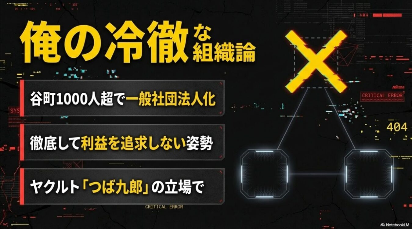 黒背景にサイバーパンク風のUIが施され、「俺の冷徹な組織論」というタイトルと共に、谷町の1000人規模での一般社団法人化、利益を追求しない姿勢、ヤクルト「つば九郎」の立場という3つの要点が記載されたプレゼンテーションスライド。