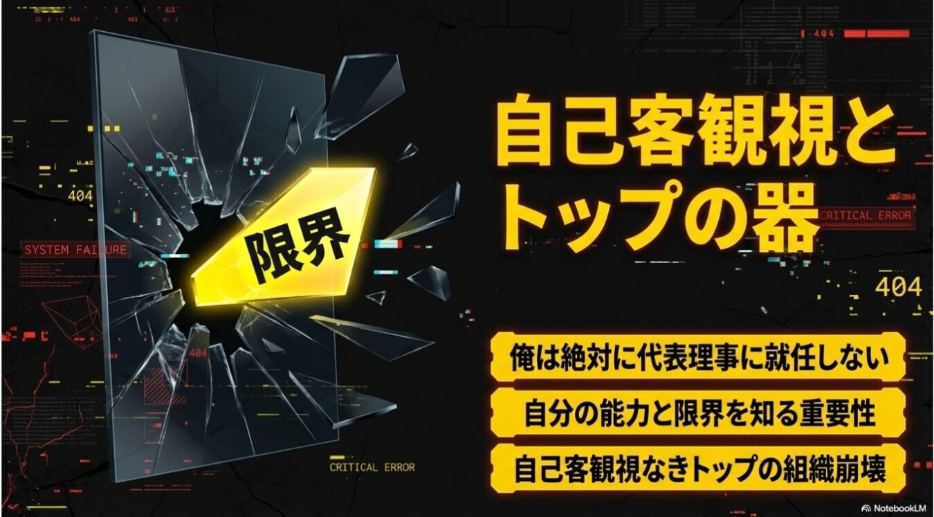 「限界」と書かれた黄色い破片が突き抜ける割れた画面を背景に、「自己客観視とトップの器」という大きな見出しと、代表理事への就任拒否や自己分析の重要性に関する3つの項目が記されたスライド。
