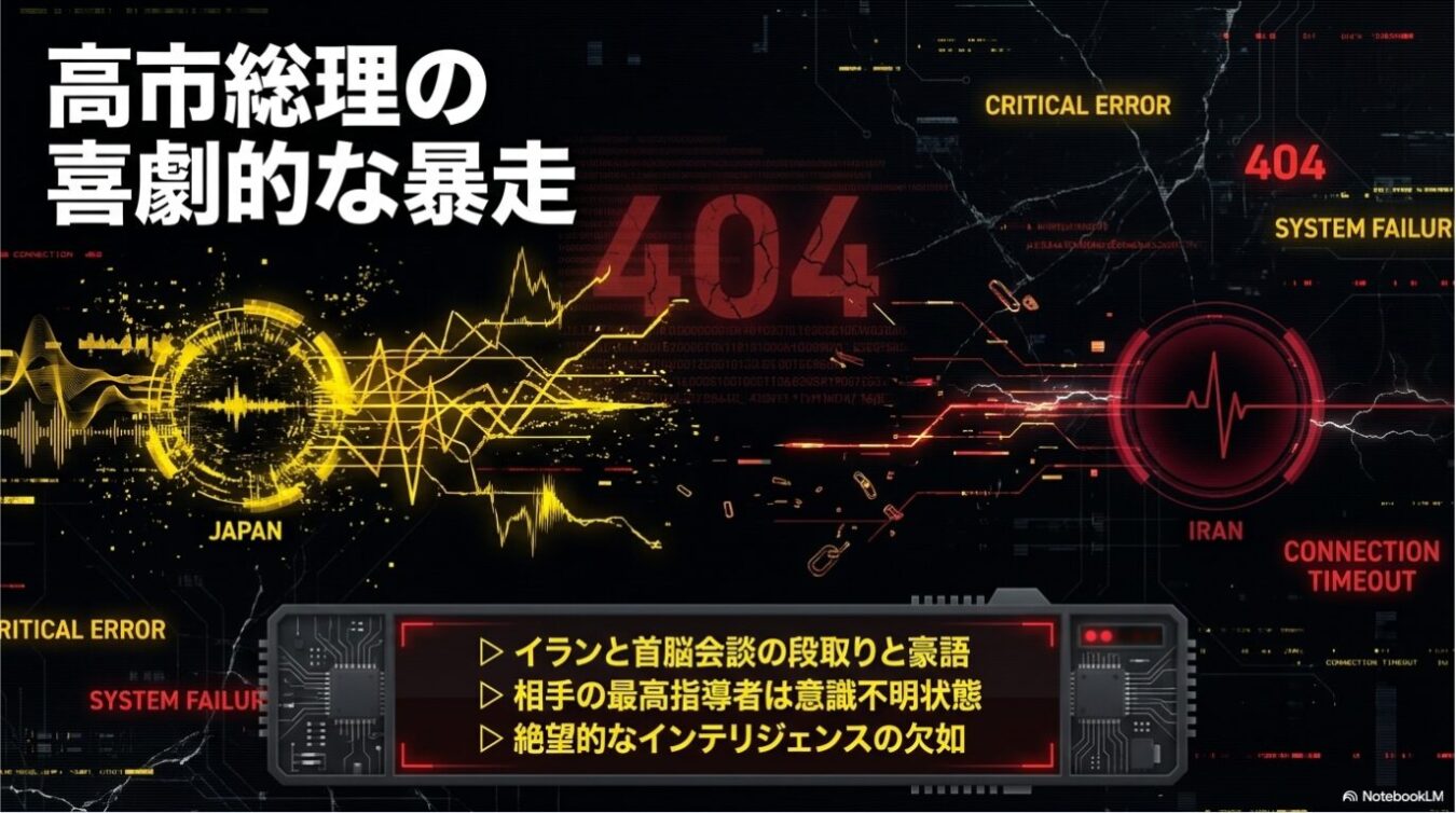 「高市総理の喜劇的な暴走」というタイトルと「イランと首脳会談の段取りと豪語」「相手の最高指導者は意識不明状態」「絶望的なインテリジェンスの欠如」という箇条書きが記された、デジタル上のシステムエラーや通信障害を想起させるサイバー調の警告グラフィック。