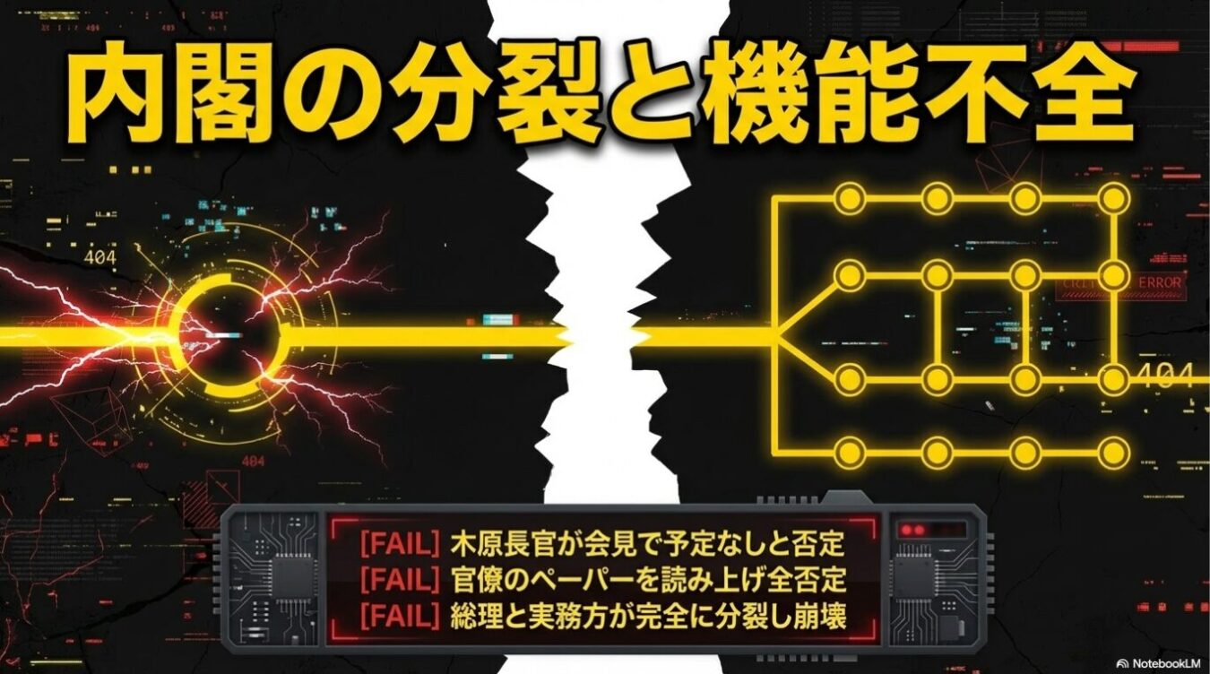 「内閣の分裂と機能不全」という太い黄色の文字を背景に、中央の亀裂によって分断された回路図と、画面下部に「木原長官が会見で予定なしと否定」「官僚のペーパーを読み上げ全否定」「総理と実務方が完全に分裂し崩壊」という3つの「FAIL」項目が記されたグラフィック。