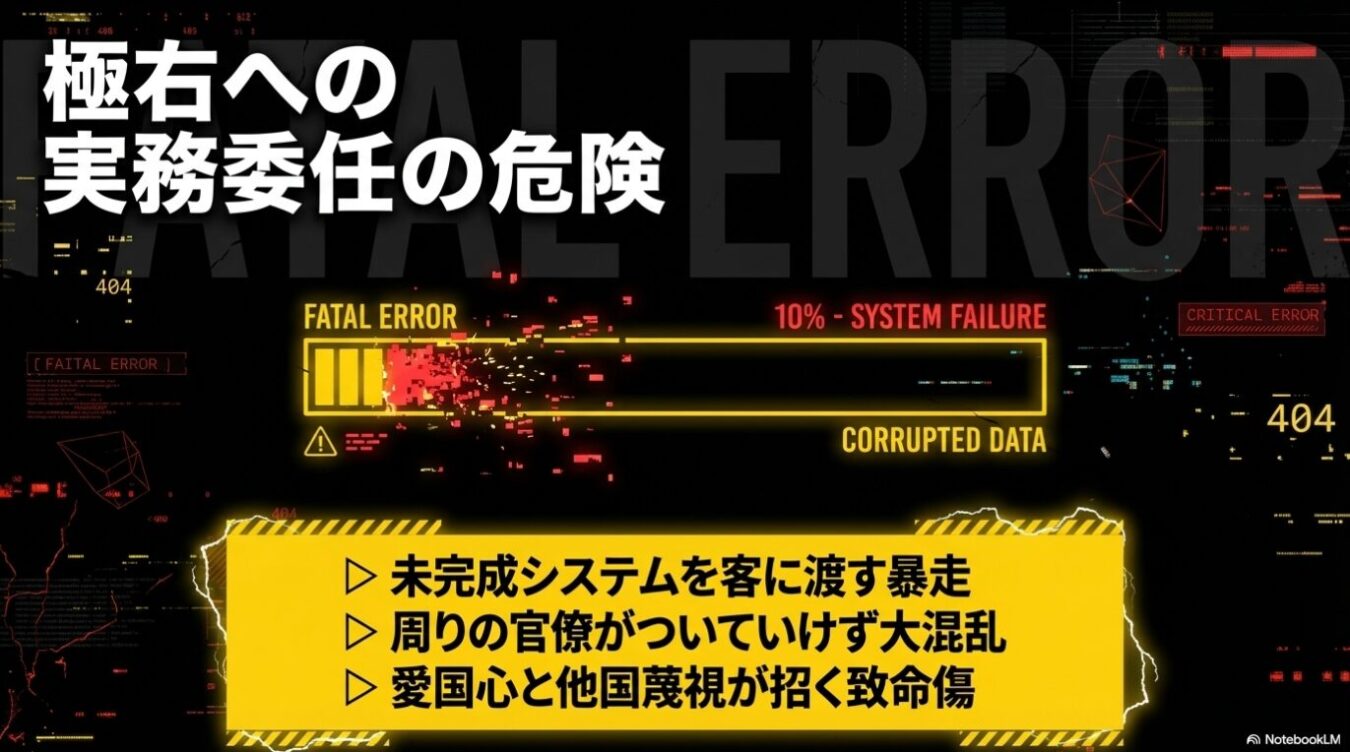 「極右への実務委任の危険」という警告文と、システムエラーや「CORRUPTED DATA」等の文字がデジタル故障風に配置され、下部に「未完成システムを客に渡す暴走」「周りの官僚がつついていけず大混乱」「愛国心と他国蔑視が招く致命傷」という箇条書きが記された、サイバー風のデザイン画面。