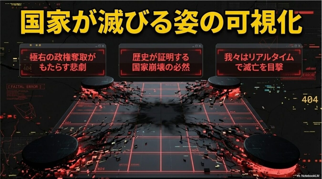 「国家が滅びる姿の可視化」という大きな黄色い文字を背景に、極右の政権奪取や国家崩壊をテーマにした3つのテキストボックスと、中心が崩壊し赤い光が漏れるグリッド状のモニター画面が描かれた警告的なグラフィック。