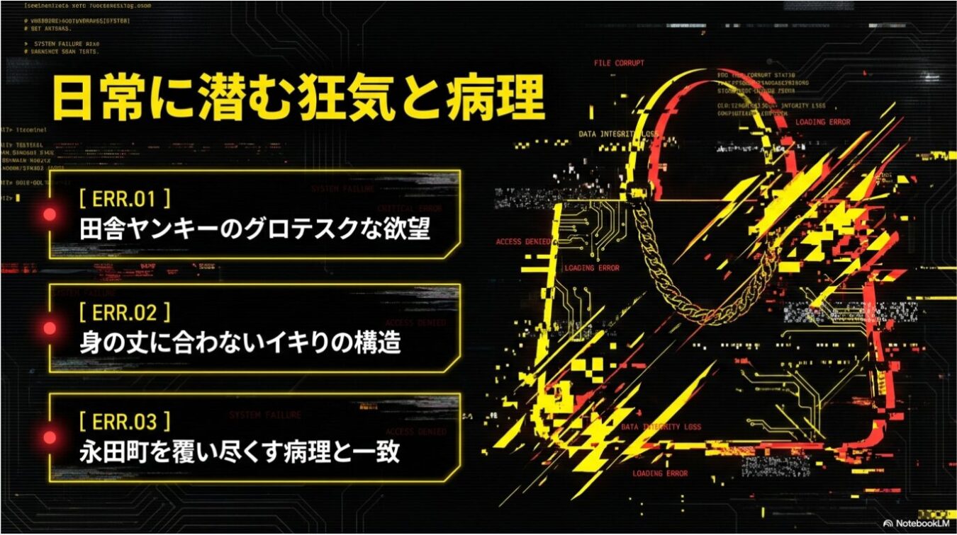 「日常に潜む狂気と病理」という見出しとともに、3つのエラー項目（田舎ヤンキーのグロテスクな欲望、身の丈に合わないイキりの構造、永田町を覆い尽くす病理と一致）がリスト化され、右側にデジタルな故障やチェーンの意匠がサイバーパンク風に描かれたグラフィック。