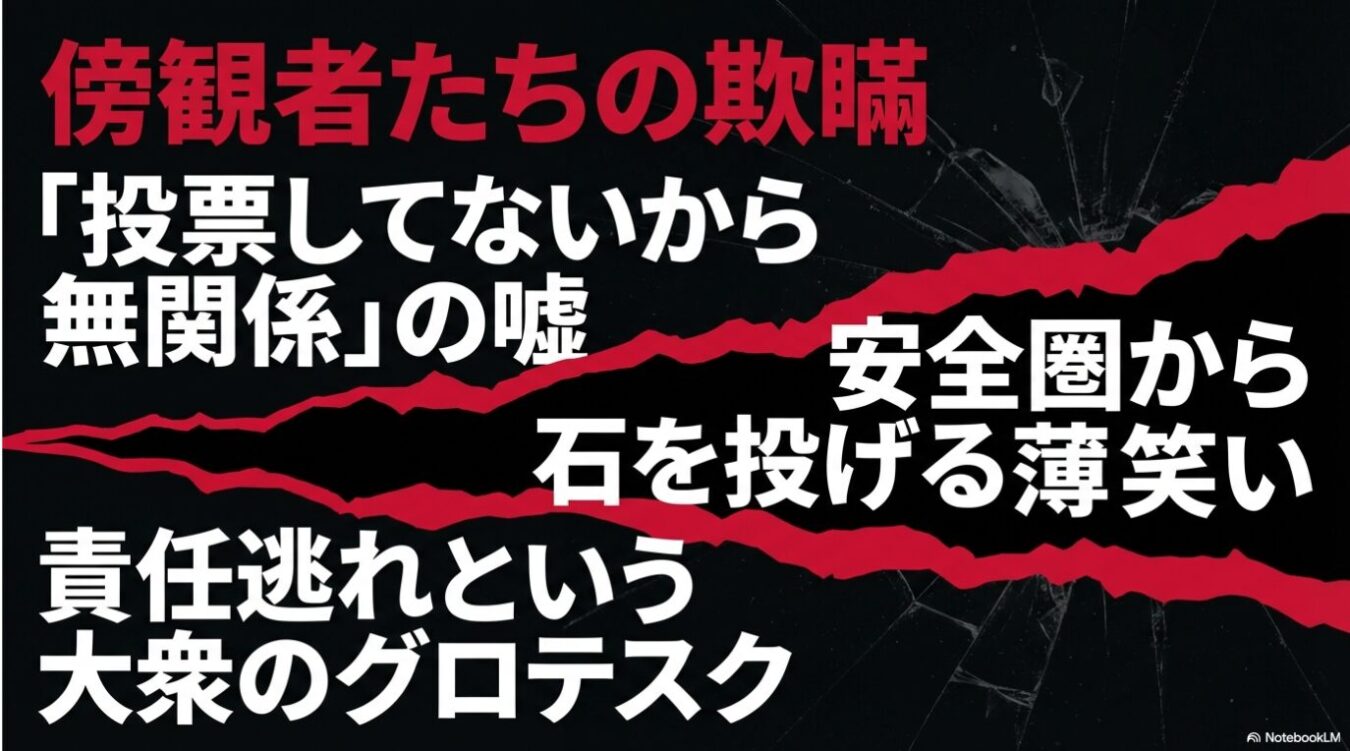 ひび割れたガラスを背景に、赤く鋭い破線とともに「傍観者たちの欺瞞」「『投票してないから無関係』の嘘」「安全圏から石を投げる薄笑い」「責任逃れという大衆のグロテスク」という強い批判的な言葉が黒字で配置されたグラフィック。