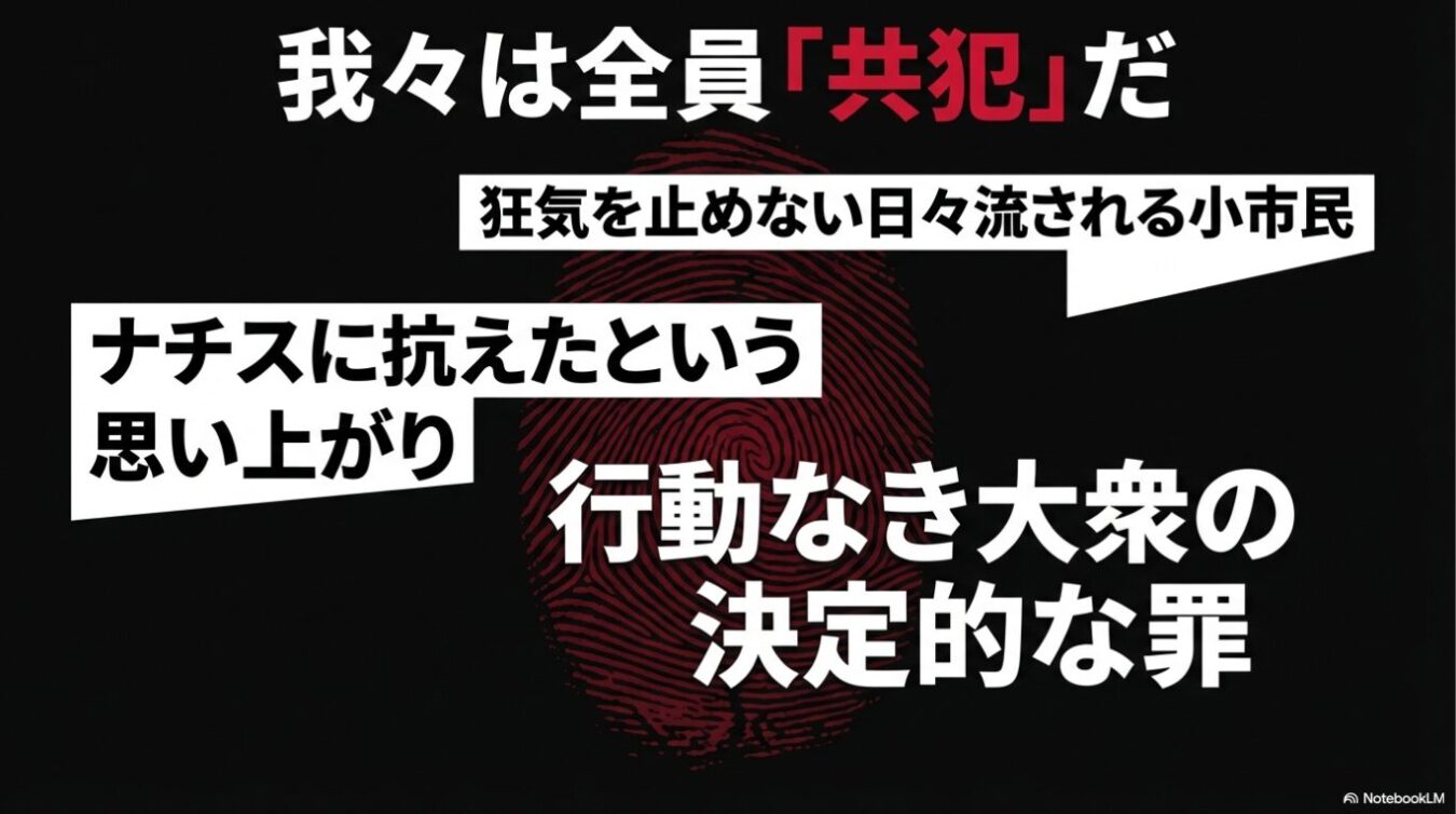 黒い背景の中央に指紋が赤く浮かび上がり、その上に「我々は全員『共犯』だ」という大きな見出しと、「狂気を止めない日々流される小市民」「ナチスに抗えたという思い上がり」「行動なき大衆の決定的な罪」という言葉が吹き出しや図形で配置されている画像。
