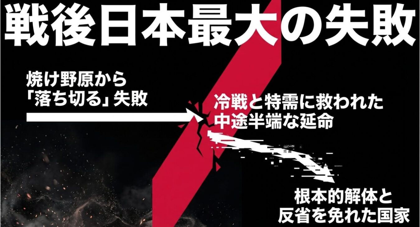 「戦後日本最大の失敗」という見出しの下に、「焼け野原から『落ち切る』失敗」が「冷戦と特需に救われた中途半端な延命」を経て「根本的解体と反省を免れた国家」へと至る構造を、赤い稲妻のような亀裂のグラフィックとともに示した図。