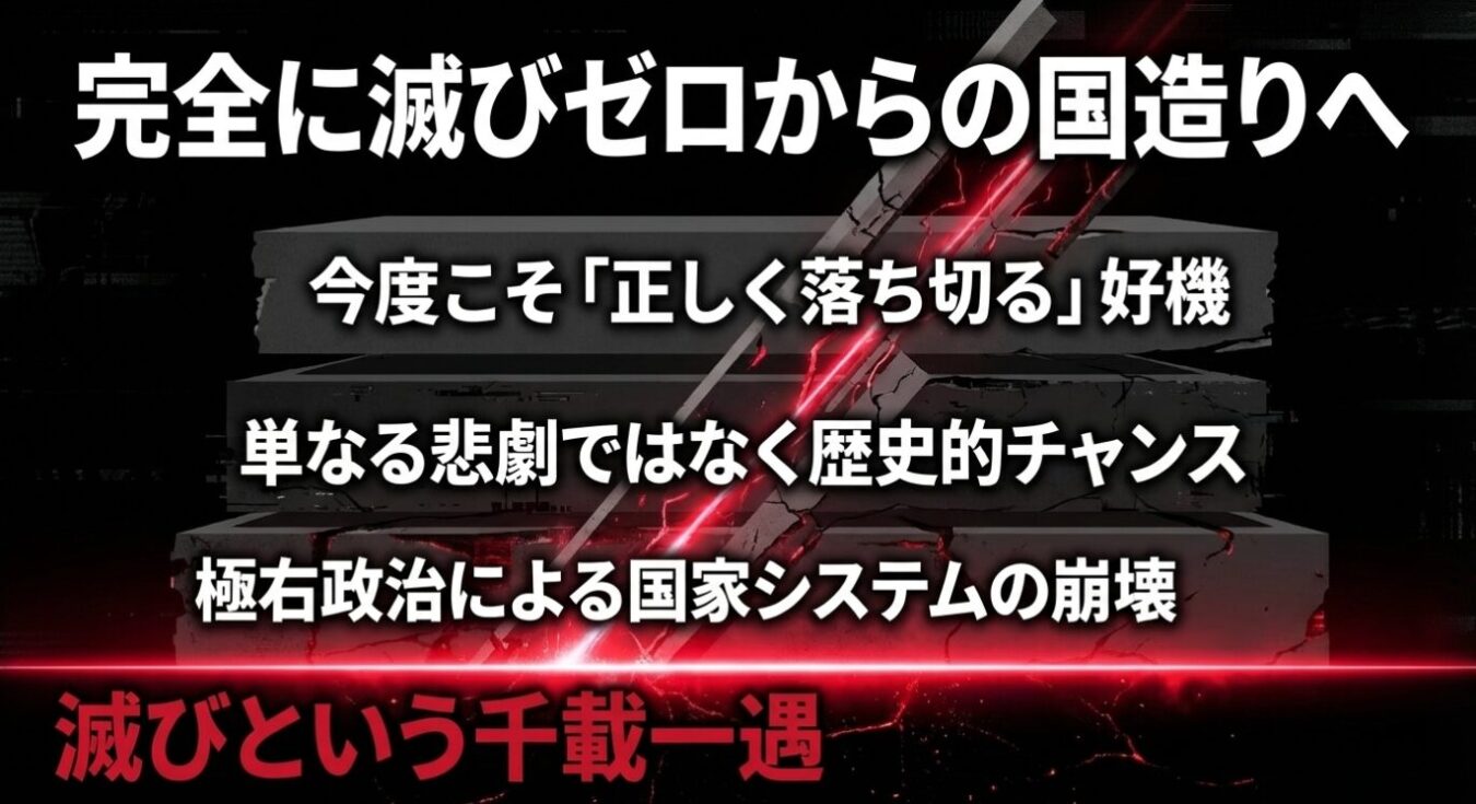 ひび割れた黒いブロックの背景に、「完全に滅びゼロからの国造りへ」「今度こそ『正しく落ち切る』好機」「単なる悲劇ではなく歴史的チャンス」「極右政治による国家システムの崩壊」「滅びという千載一遇」という白い文字が書かれた画像。