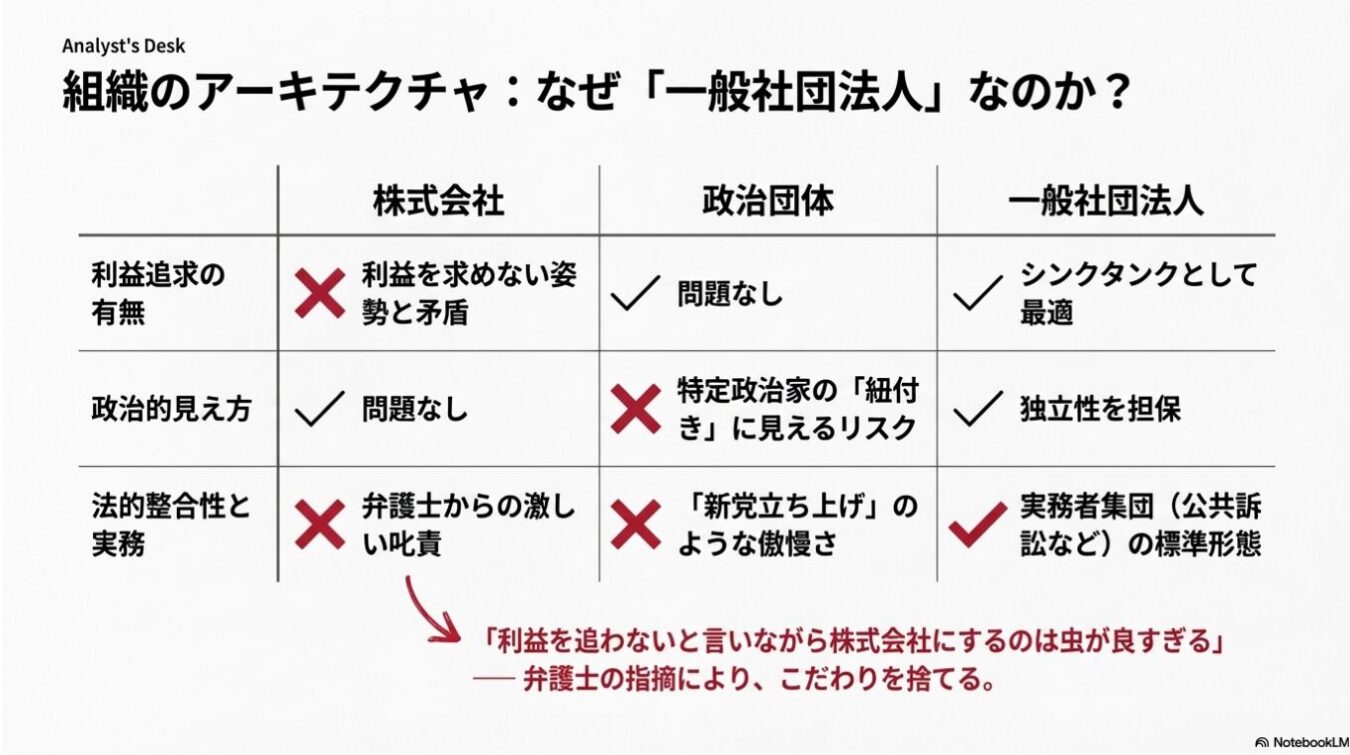 「株式会社」「政治団体」「一般社団法人」の3つの組織形態を「利益追求の有無」「政治的見え方」「法的整合性と実務」の観点で比較し、一般社団法人が最適である理由を示した比較表。