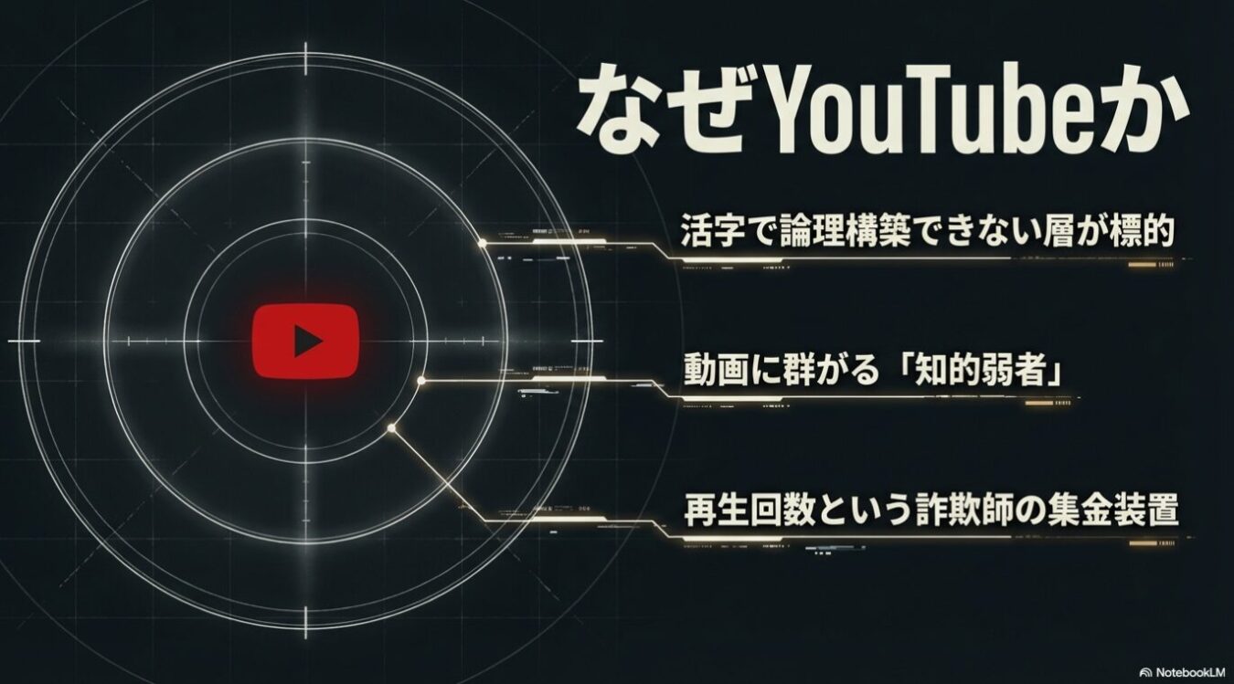 ターゲットスコープの中央にYouTubeロゴが配置され、その右側に「なぜYouTubeか」という見出しと、「活字で論理構築できない層が標的」「動画に群がる『知的弱者』」「再生回数という詐欺師の集金装置」という批判的な箇条書きが記された図解。
