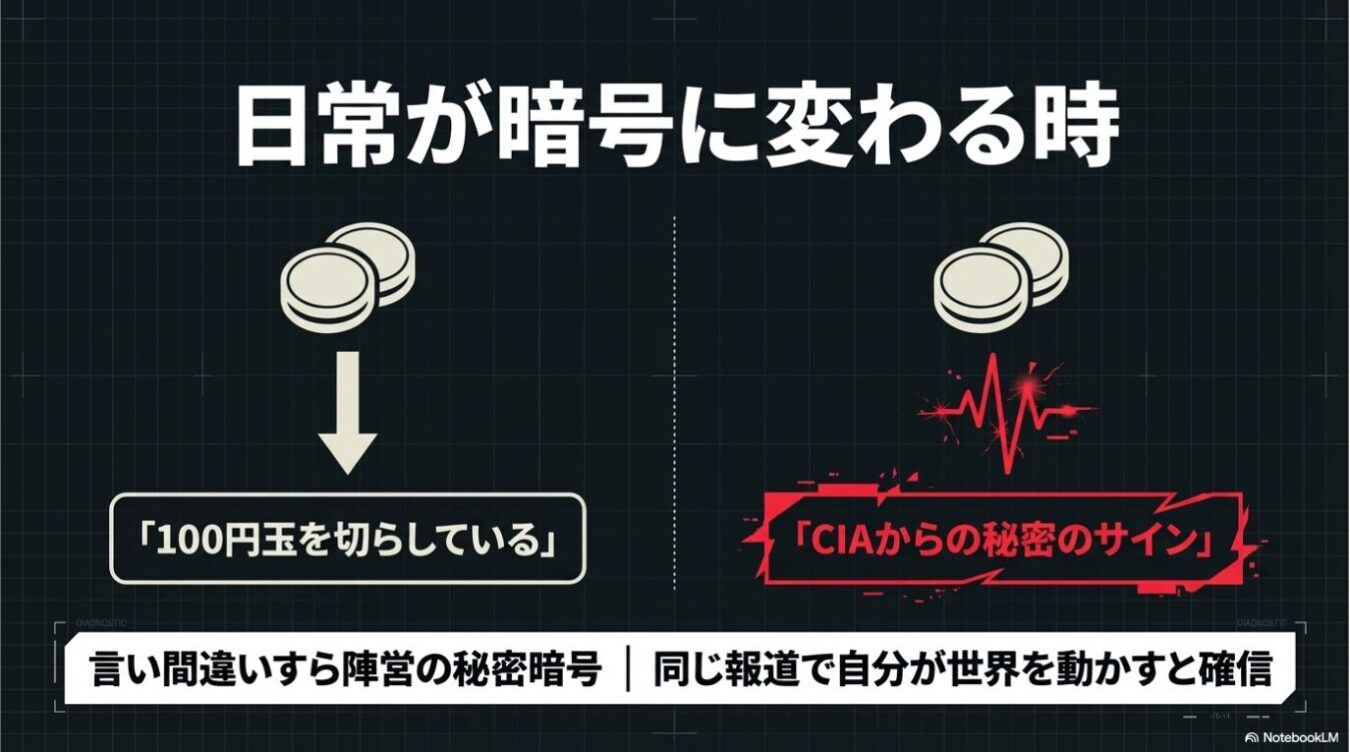 日常が暗号に変わる時をテーマに、100円玉のイラストを左側では「100円玉を切らしている」、右側では「CIAからの秘密のサイン」と対比させ、言い間違いや報道を秘密の暗号と捉える心理を図示したインフォグラフィック。