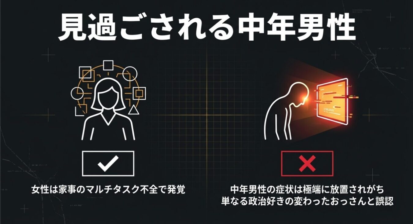 「見過ごされる中年男性」という見出しの下で、女性のマルチタスク不全は検知される一方で、中年男性の症状はただの政治好きの変わり者と誤認され放置されがちであることを対比したインフォグラフィック。