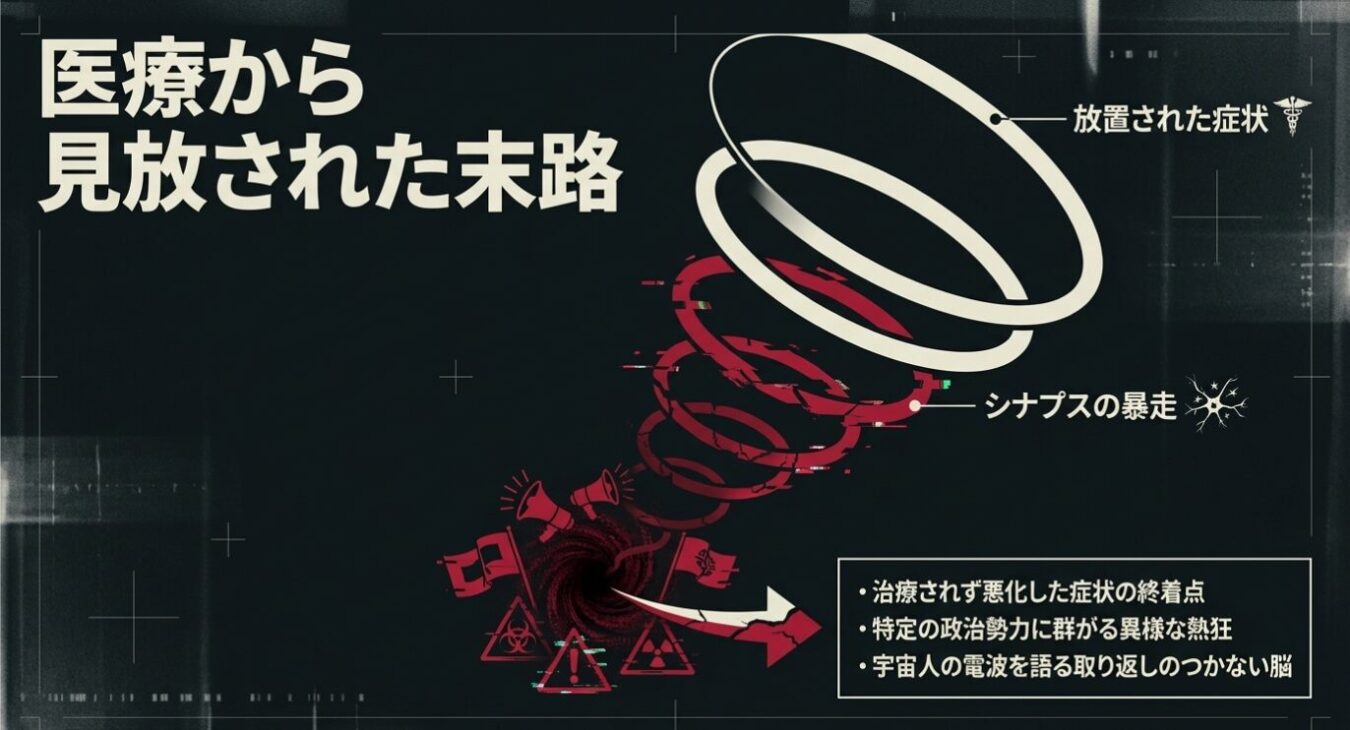 「医療から見放された末路」という見出しとともに、白い輪から赤い螺旋へと変質していく図式と、症状の悪化や特定の熱狂、妄想的な状態を説明するテキストが記載された概念的なグラフィック。