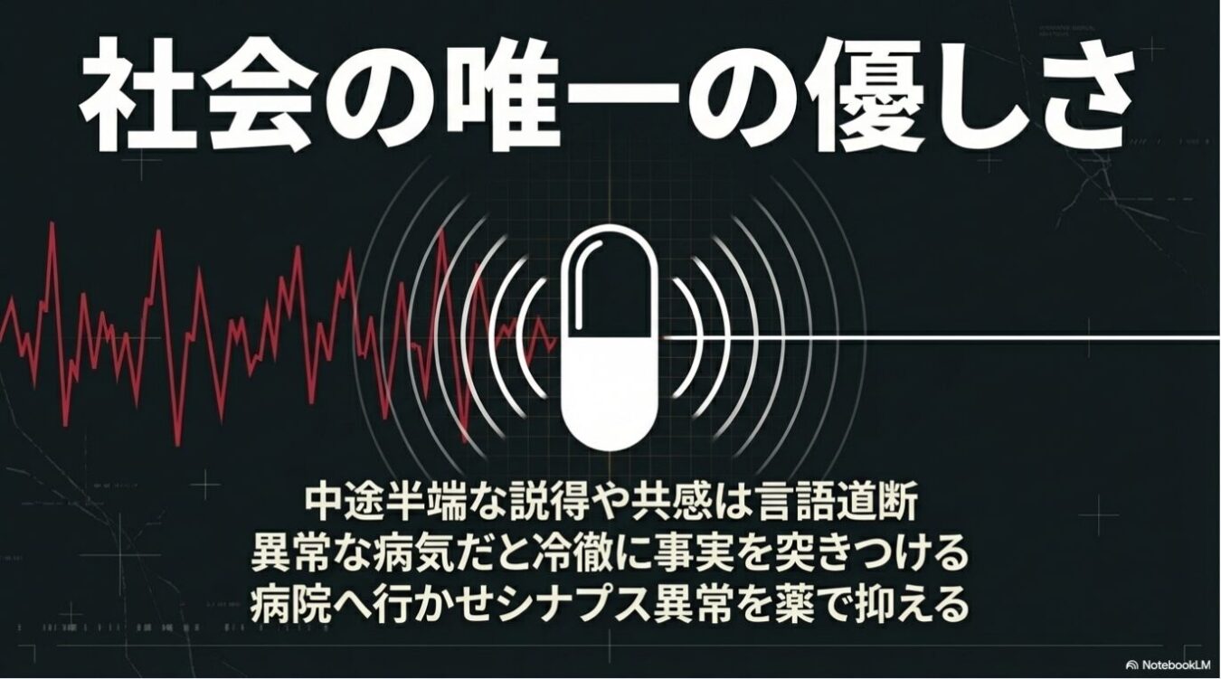 中央にカプセル薬のアイコンと周囲に音波のような波紋、背景の左側に心電図のような赤い波形が描かれ、「社会の唯一の優しさ」という大きな題字と、「中途半端な説得や共感は言語道断、異常な病気だと冷徹に事実を突きつける、病院へ行かせシナプス異常を薬で抑える」という文章が記載された暗い背景の画像。