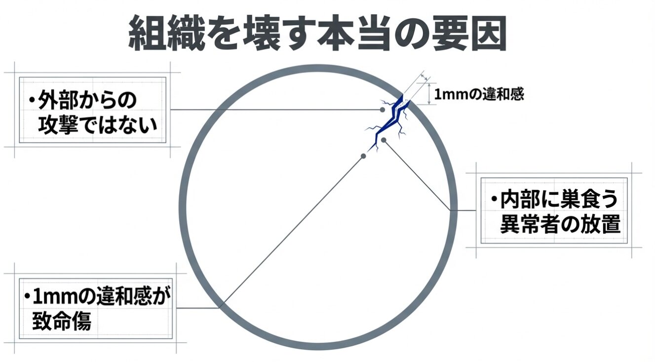 円形の組織が「1mmの違和感」をきっかけに内側からひび割れていく様子を描き、外部からの攻撃ではなく内部の異常者の放置こそが組織を壊す真の要因であると解説する図。