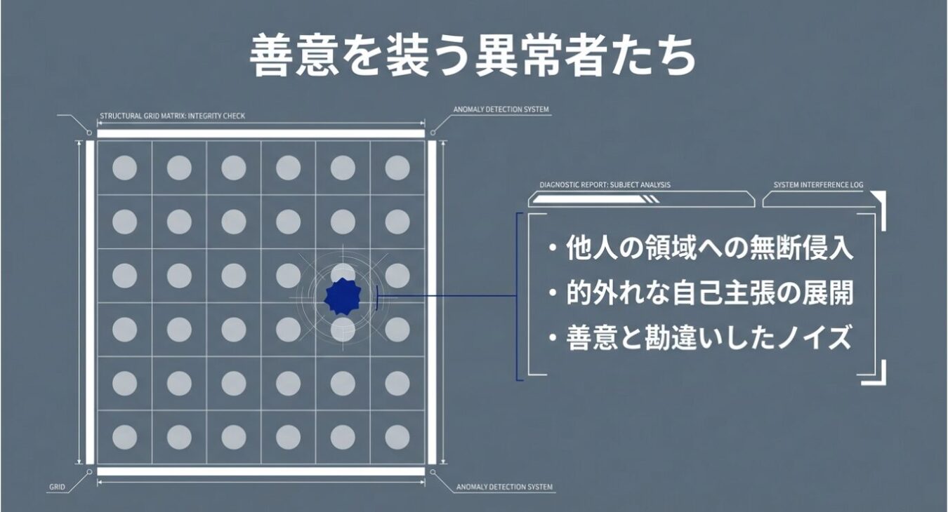 「善意を装う異常者たち」と題され、グリッド上の1箇所が異常な形状(青い星型)として検知され、その特徴として他人の領域への侵入や的外れな自己主張などがリストアップされている、システム解析画面風のグラフィック。