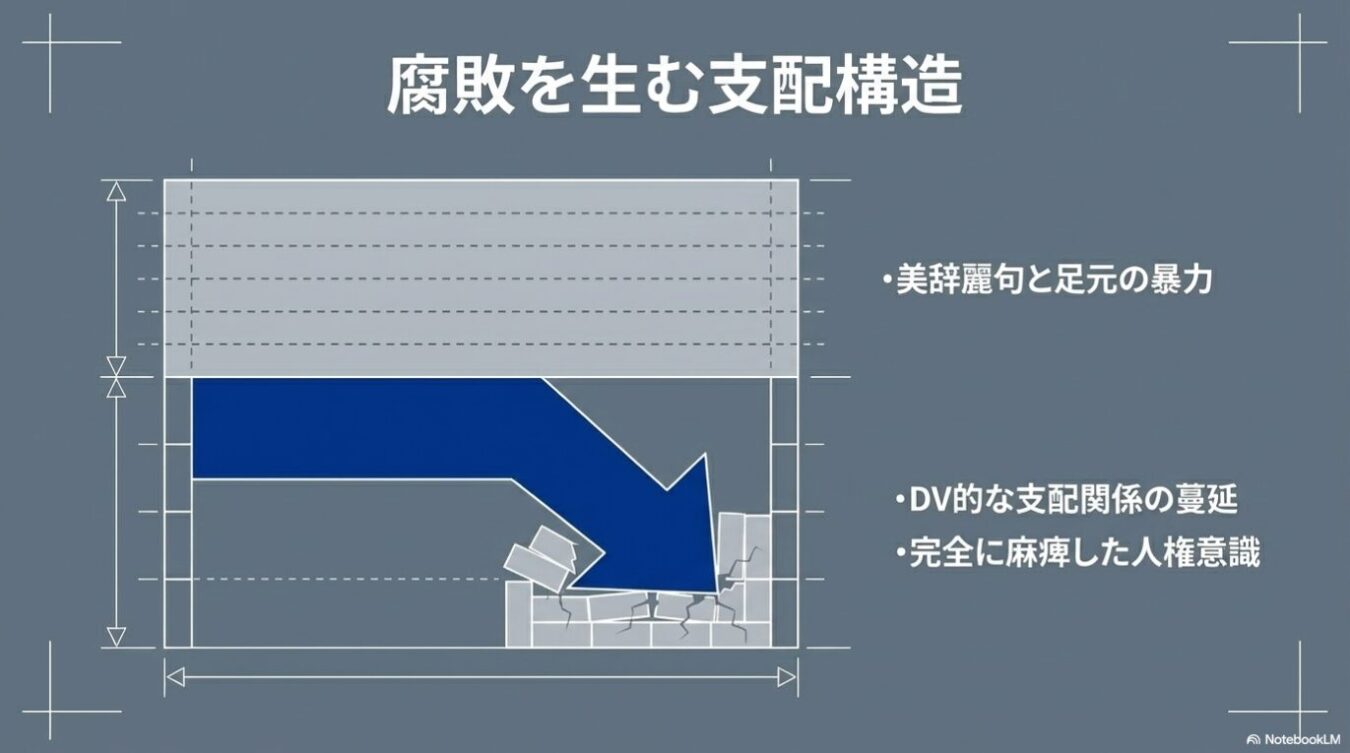 「腐敗を生む支配構造」というタイトルの下に、美辞麗句と暴力のギャップ、DV的な支配関係の蔓延、人権意識の麻痺を表現した、上部から下部へ向かう青い矢印が構造物を破壊する図解。