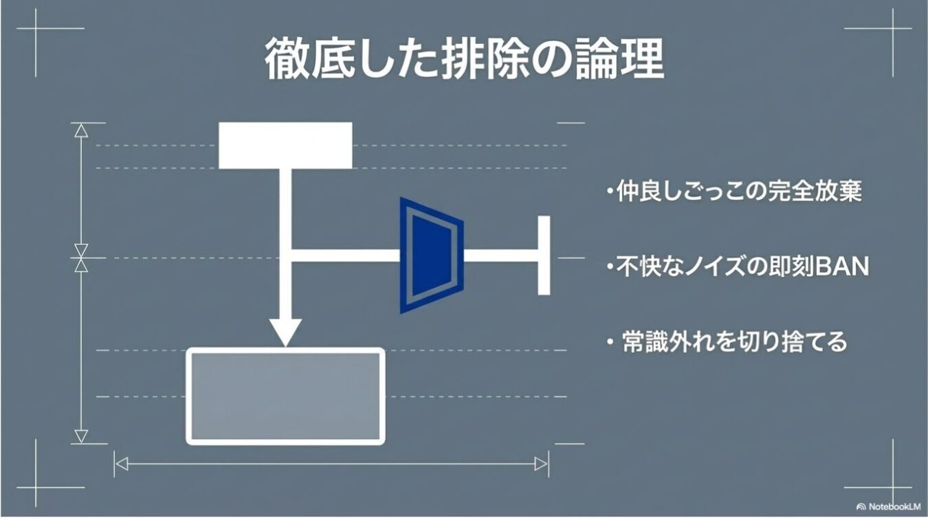 「徹底した排除の論理」という見出しの下に、左側にフローチャートの図解、右側に「仲良しごっこの完全放棄」「不快なノイズの即刻BAN」「常識外れを切り捨てる」という3つの箇条書きが記された図表。