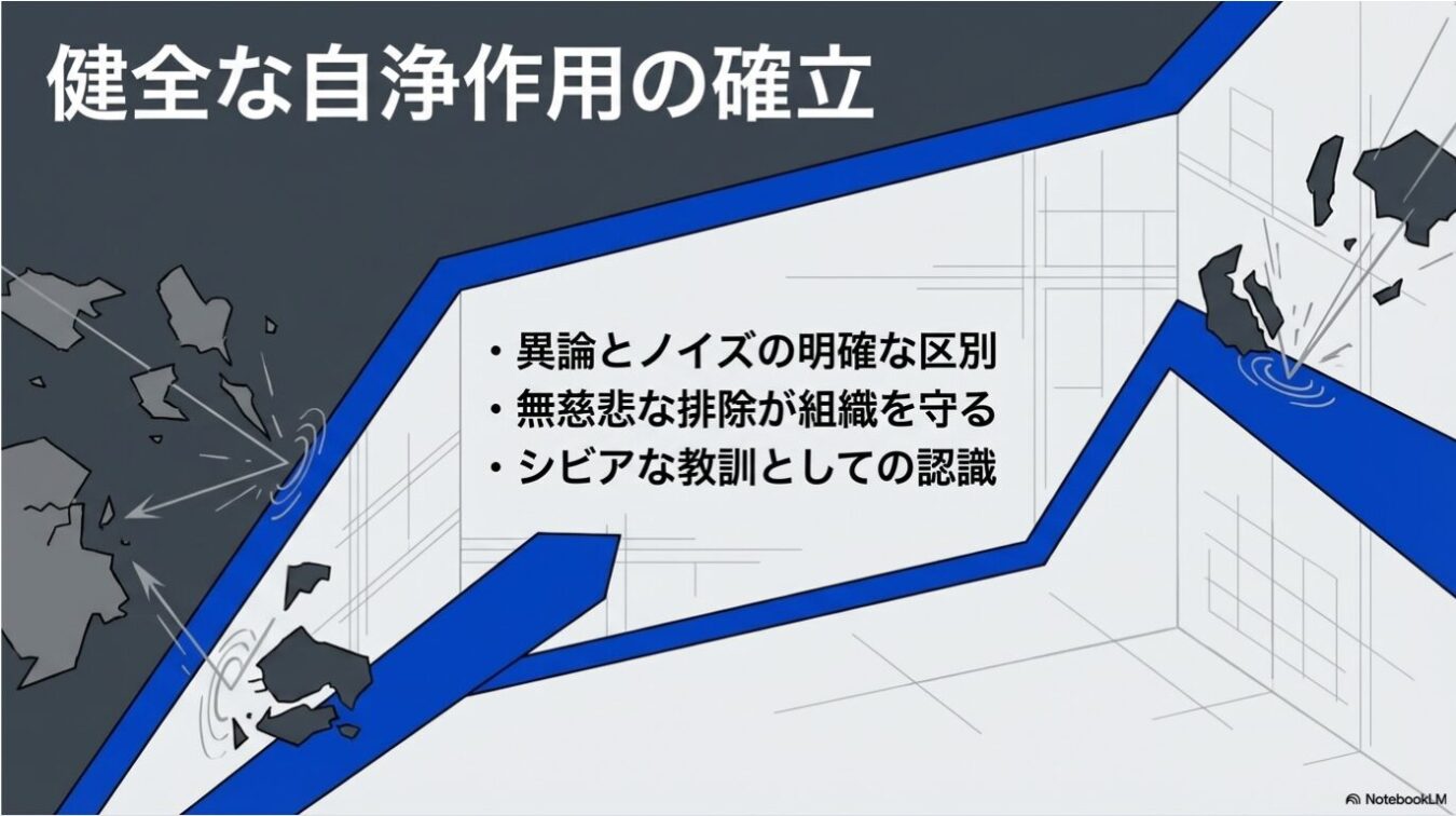 「健全な自浄作用の確立」という見出しの下に、「異論とノイズの明確な区別」「無慈悲な排除が組織を守る」「シビアな教訓としての認識」という3つの箇条書きが記された、破壊された壁のグラフィックを含むプレゼンテーション資料の図。