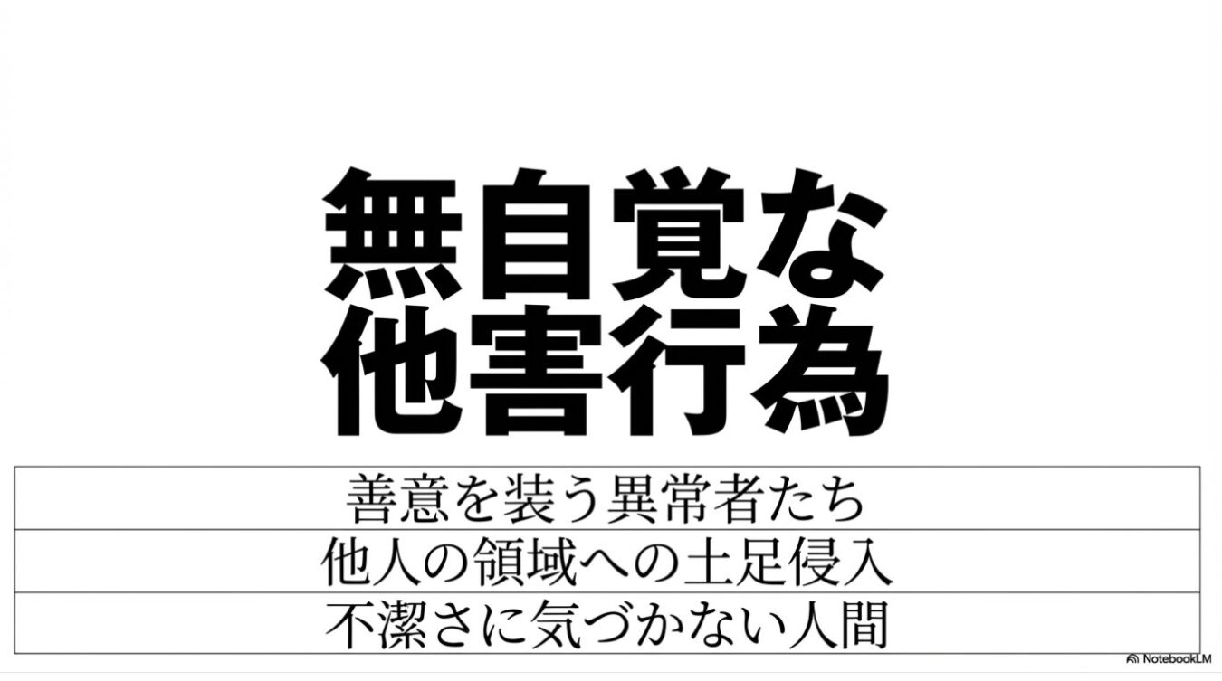 無自覚な他害行為、善意を装う異常者たち、他人の領域への土足侵入、不潔さに気づかない人間、と書かれた黒い文字の画像。