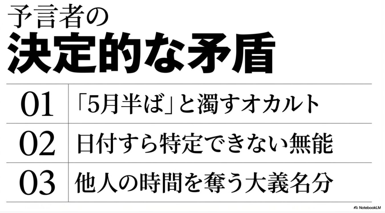 「予言者の決定的な矛盾」という見出しの下に、「5月半ば」と濁すオカルト、日付すら特定できない無能、他人の時間を奪う大義名分という3つの項目が箇条書きで示されたスライド形式の画像。