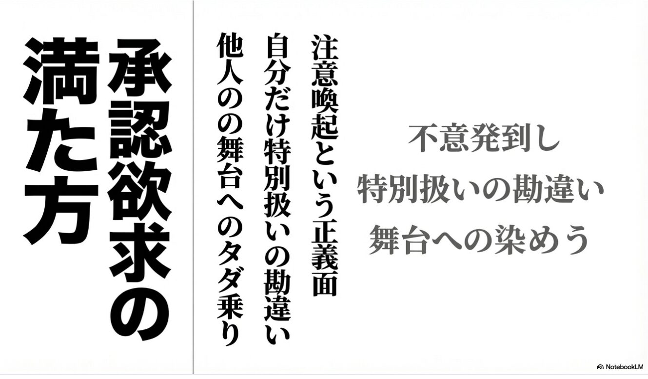 「承認欲求の満た方」という題名と、「注意喚起という正義面」「自分だけ特別扱いの勘違い」「他人の舞台へのタダ乗り」「不意発到し」「特別扱いの勘違い」「舞台への染めう」といったフレーズが縦書きで記された文章画像。