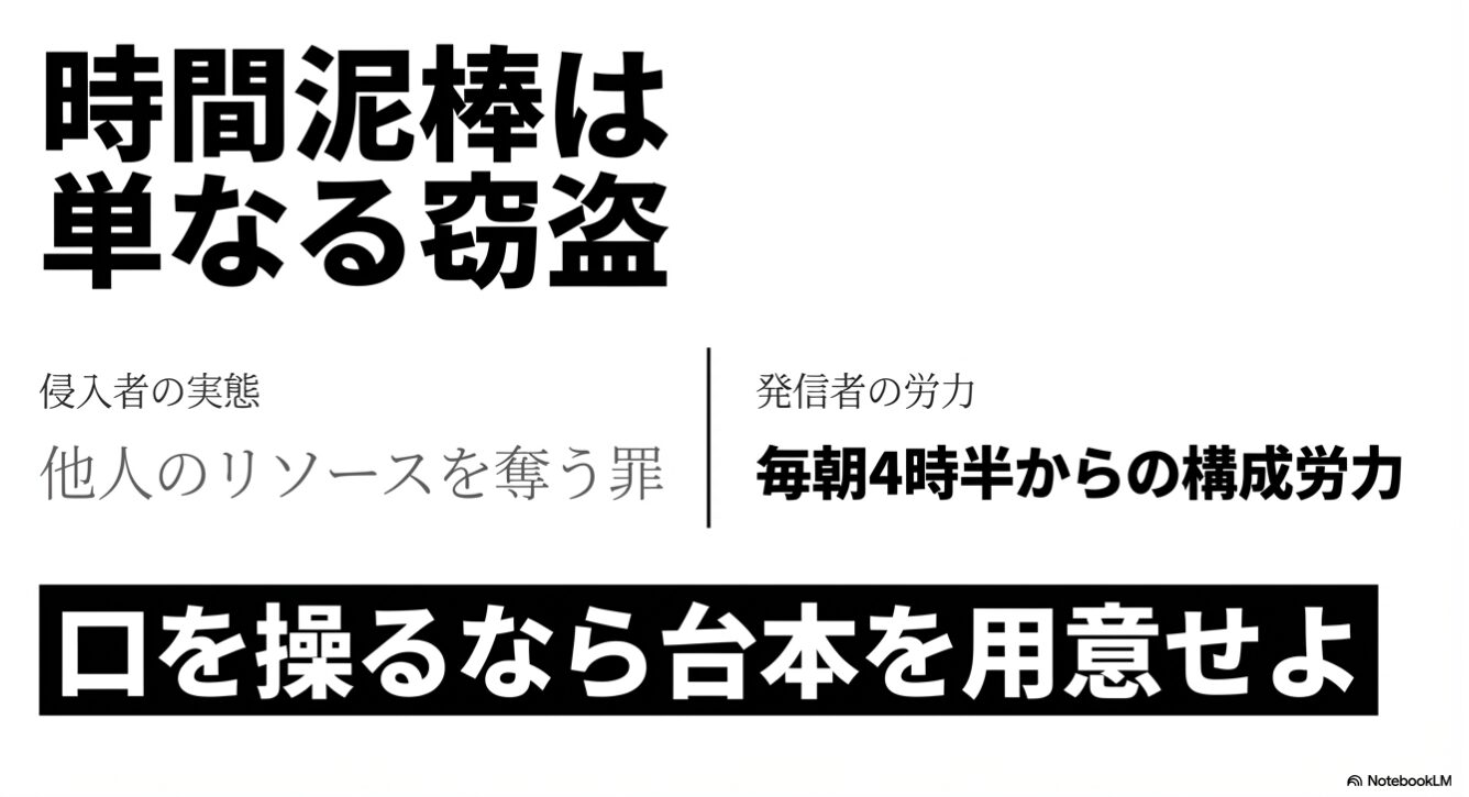 「時間泥棒は単なる窃盗」という大きな見出しの下に、「侵入者の実態:他人のリソースを奪う罪」と「発信者の労力:毎朝4時半からの構成労力」という対比、および「口を操るなら台本を用意せよ」という主張が記されたスライド。