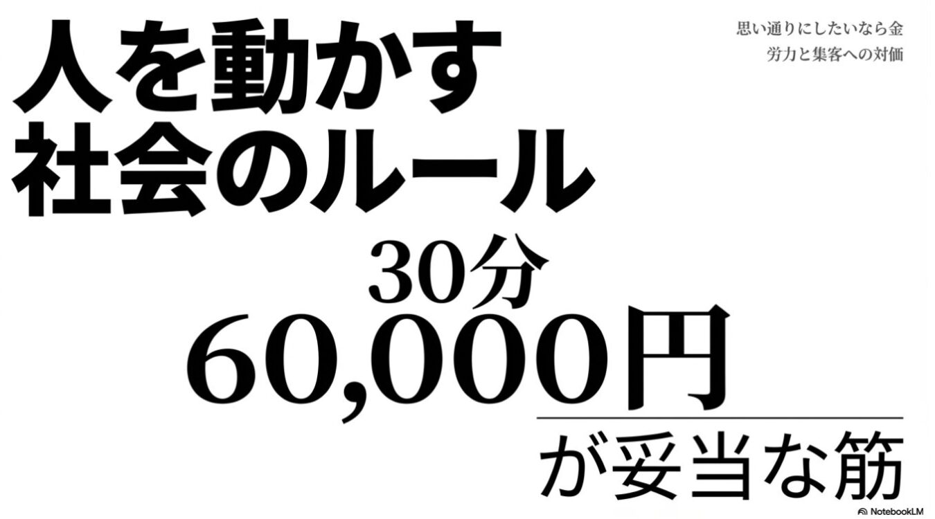 「人を動かす社会のルール 30分 60,000円が妥当な筋」と大書され、その右上に小さく「思い通りにしたいなら金 労力と集客への対価」と記された、黒字のテキスト画像。