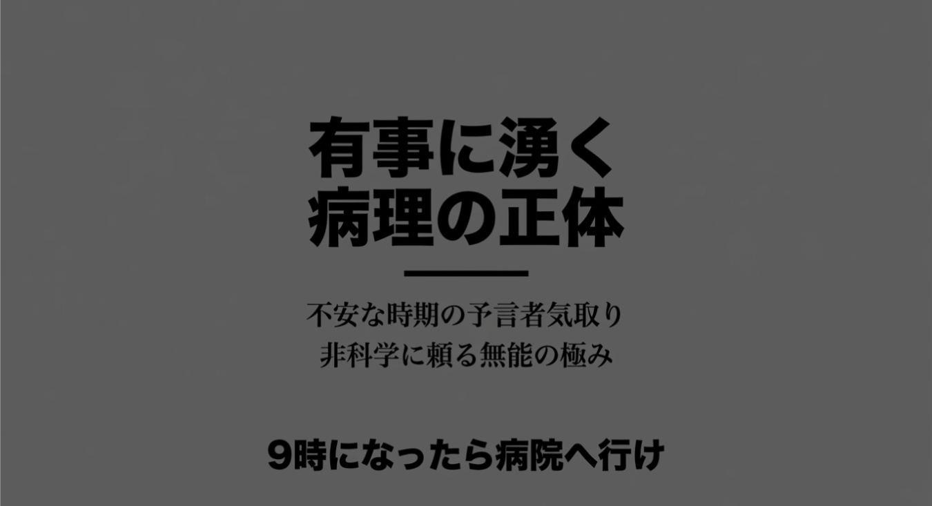 グレーの背景の中央に、黒字で「有事に湧く病理の正体」「不安な時期の予言者気取り 非科学に頼る無能の極み」「9時になったら病院へ行け」という3段のテキストが記載されています。