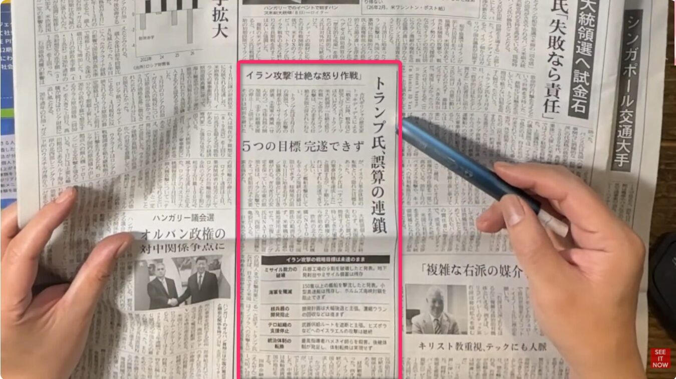 新聞を開いた両手の写真で、中央の「トランプ氏、誤算の連鎖」と題されたイラン攻撃に関する記事と解説表が強調されています。