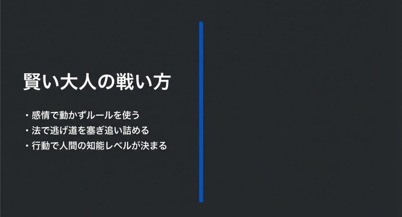 「賢い大人の戦い方」というタイトルと、「感情で動かずルールを使う」「法で逃げ道を塞ぎ追い詰める」「行動で人間の知能レベルが決まる」という3つの項目が記されたスライド。